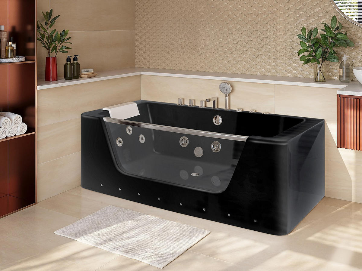 WHIRLPOOL-BADEWANNE halb freistehend mit LED-Beleuchtung - Schwarz - DYONA - Schwarz, Glas (170/58/85cm) - Vente-Unique