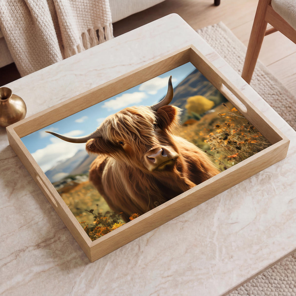 SERVÍROVACÍ PODNOS Skotský horal - Květiny - Rohy - Mraky 50x35 cm - hnědá, dřevo (50/5/5cm) - OnlyWow