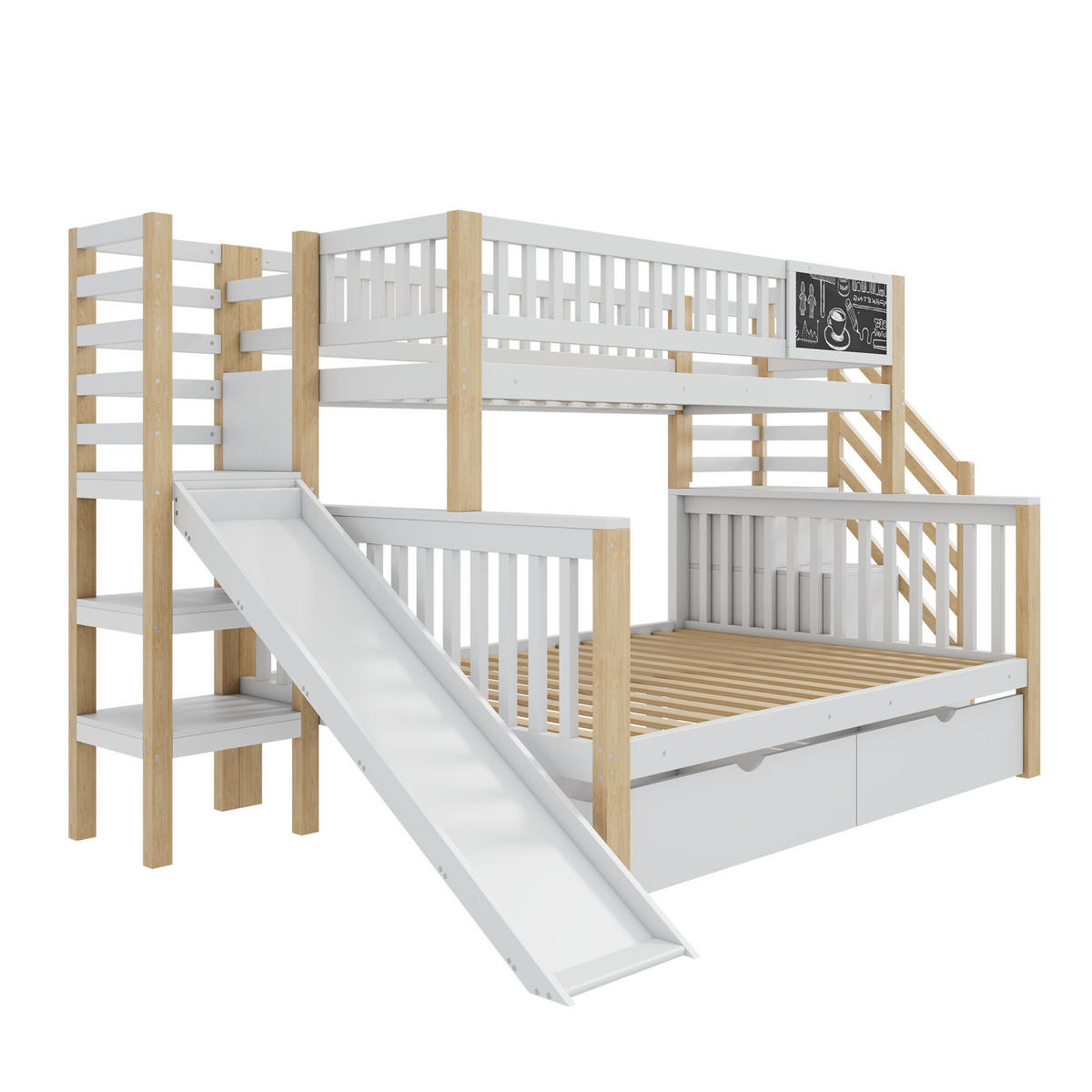 ETAGENBETT 90/200 cm & 140/200 cm in Weiß & Natur mit Rutsche, Tafel und Stauraum - Weiß, Holz/Holzwerkstoff (140/200cm) - CHICFURN