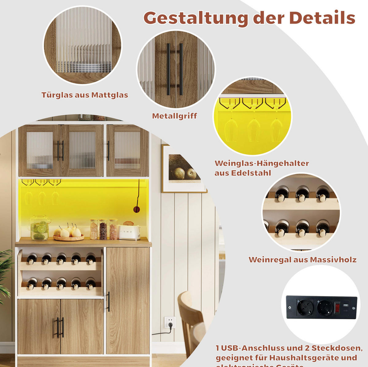 KÜCHENSCHRANK aus MDF 100x40x180 cm Weiß/Natur mit LED-Beleuchtung, Steckdosenleiste und Weinregal - Weiß, Holzwerkstoff (100/180/40cm) - IVMEU