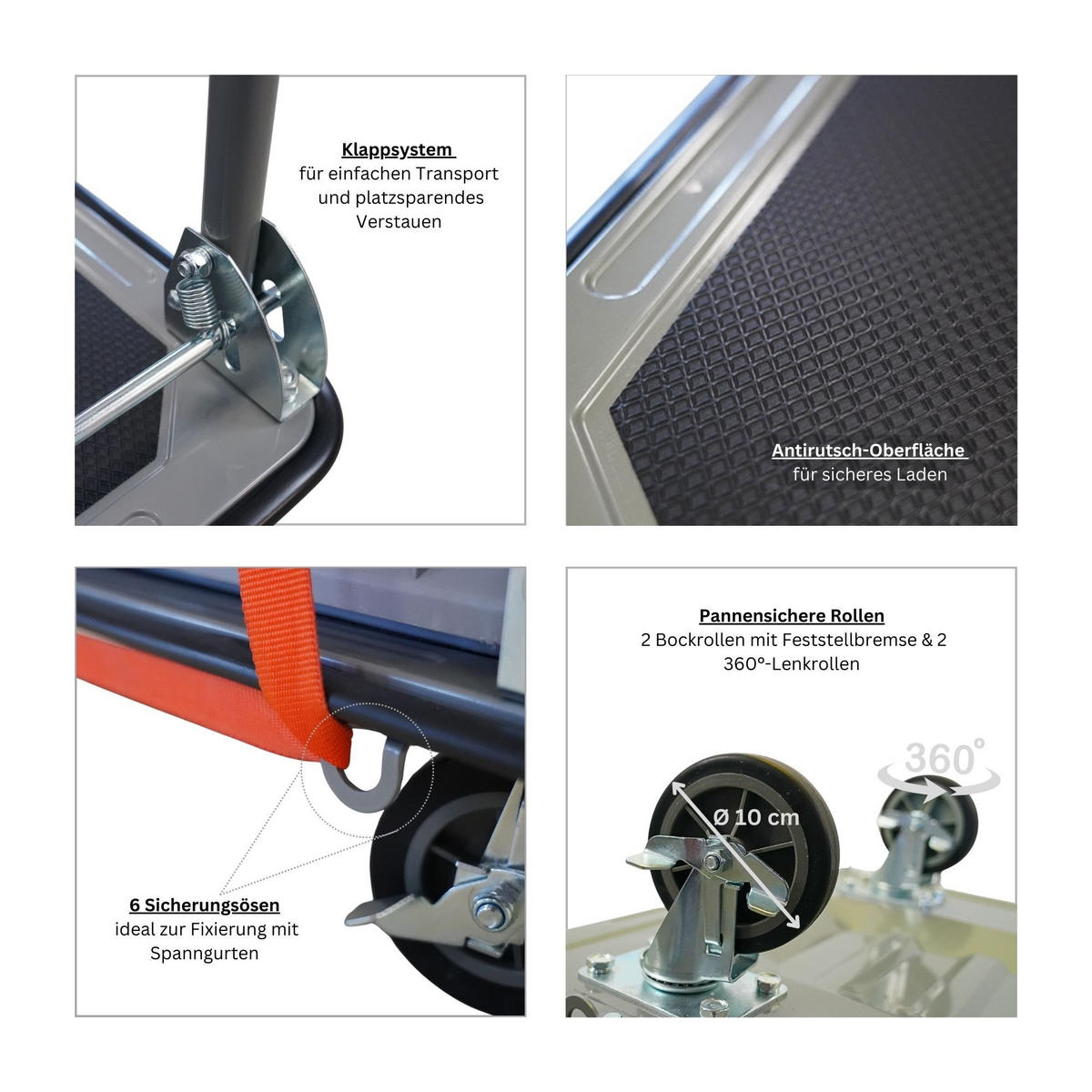 PLATTFORMWAGEN Transportwagen Rhino 150kg klappbar mit Gummiräder und Werkzeugtasche - Schwarz, Metall (73/47/83cm) - PROREGAL