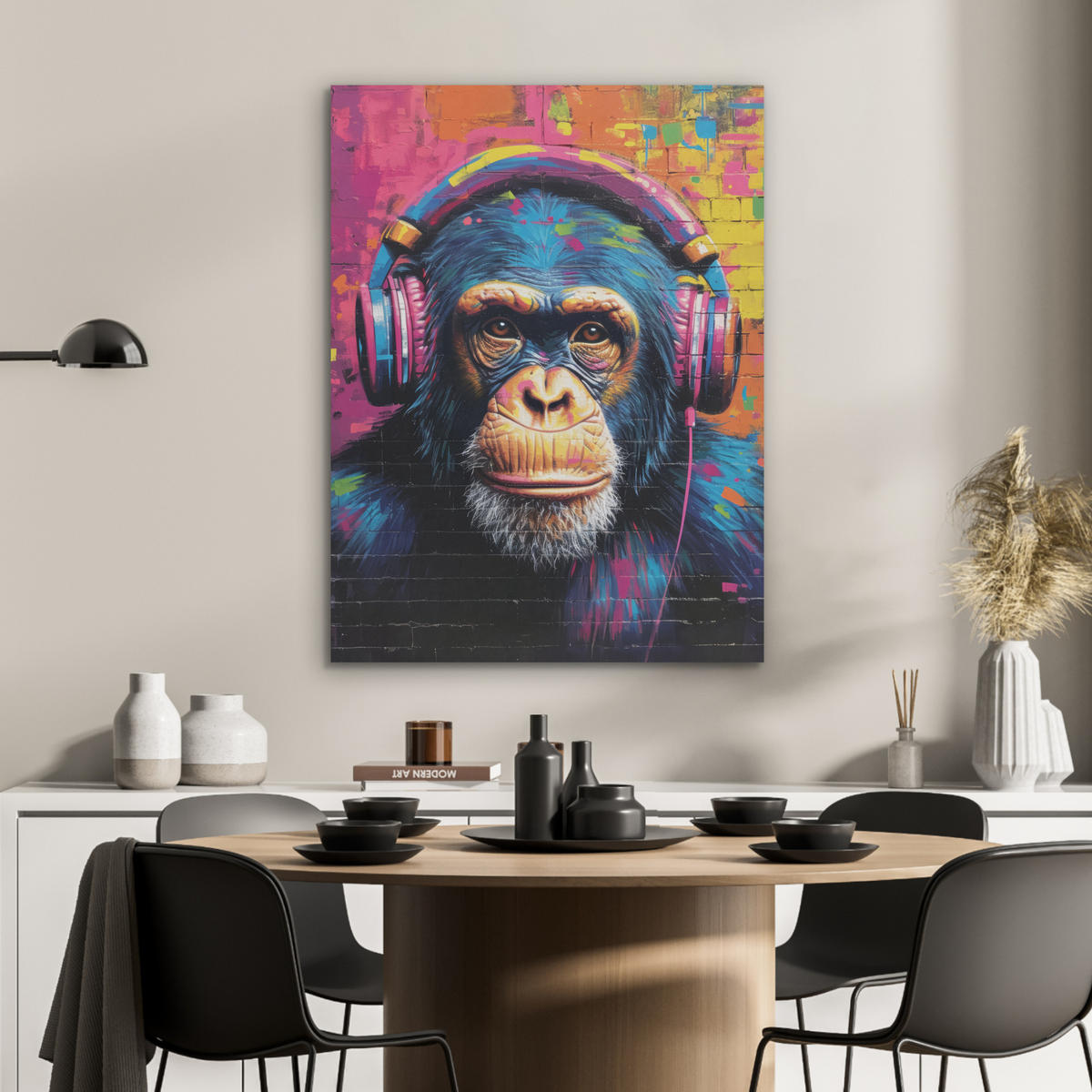 AKUSTIKPANEEL Graffiti - Schimpanse - Straßenkunst - Kopfhörer - Affe 60x80 cm - Blau, Textil (60/0.9/80cm) - MuchoWow