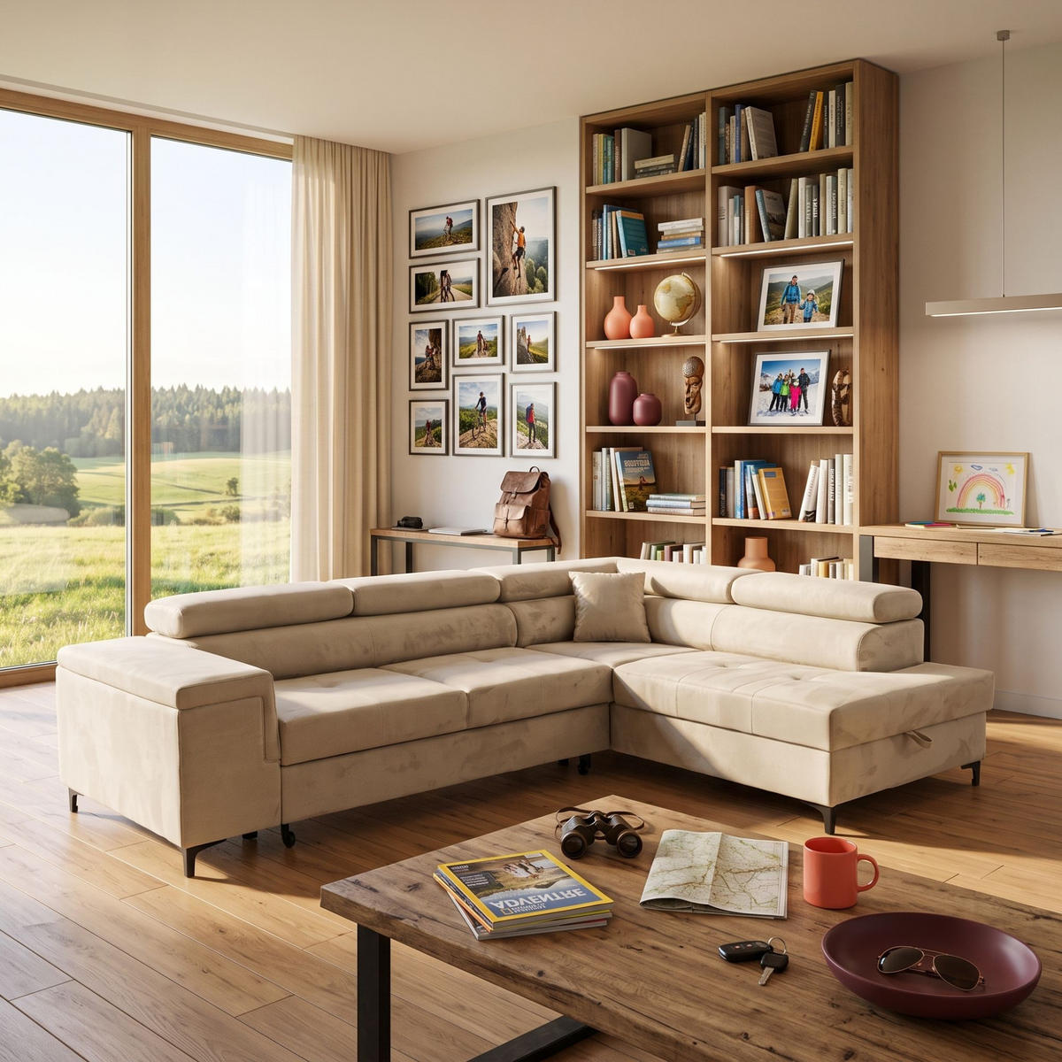 ECKSOFA WILLIAM L Rechts mit Schlaffunktion 127x195 Velours Beige - Beige/Silberfarben, Holz/Textil (203/275cm) - Muffo