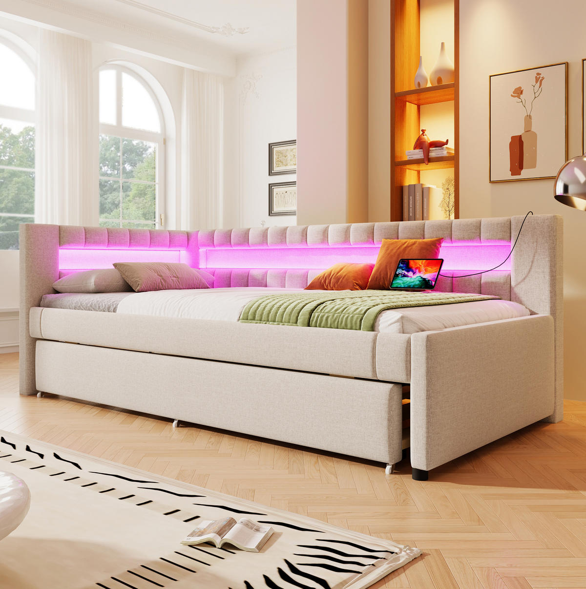 POLSTERBETT 90/200 cm aus Leinen mit LED-Beleuchtung und USB- und Type-C-Anschlüssen - Beige, Textil (90/200cm) - Flora Grace