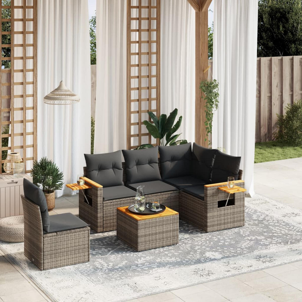 GARTEN-SOFAGARNITUR 6-teilig Mit Kissen Grau Poly Rattan - Grau, Kunststoff - vidaXL