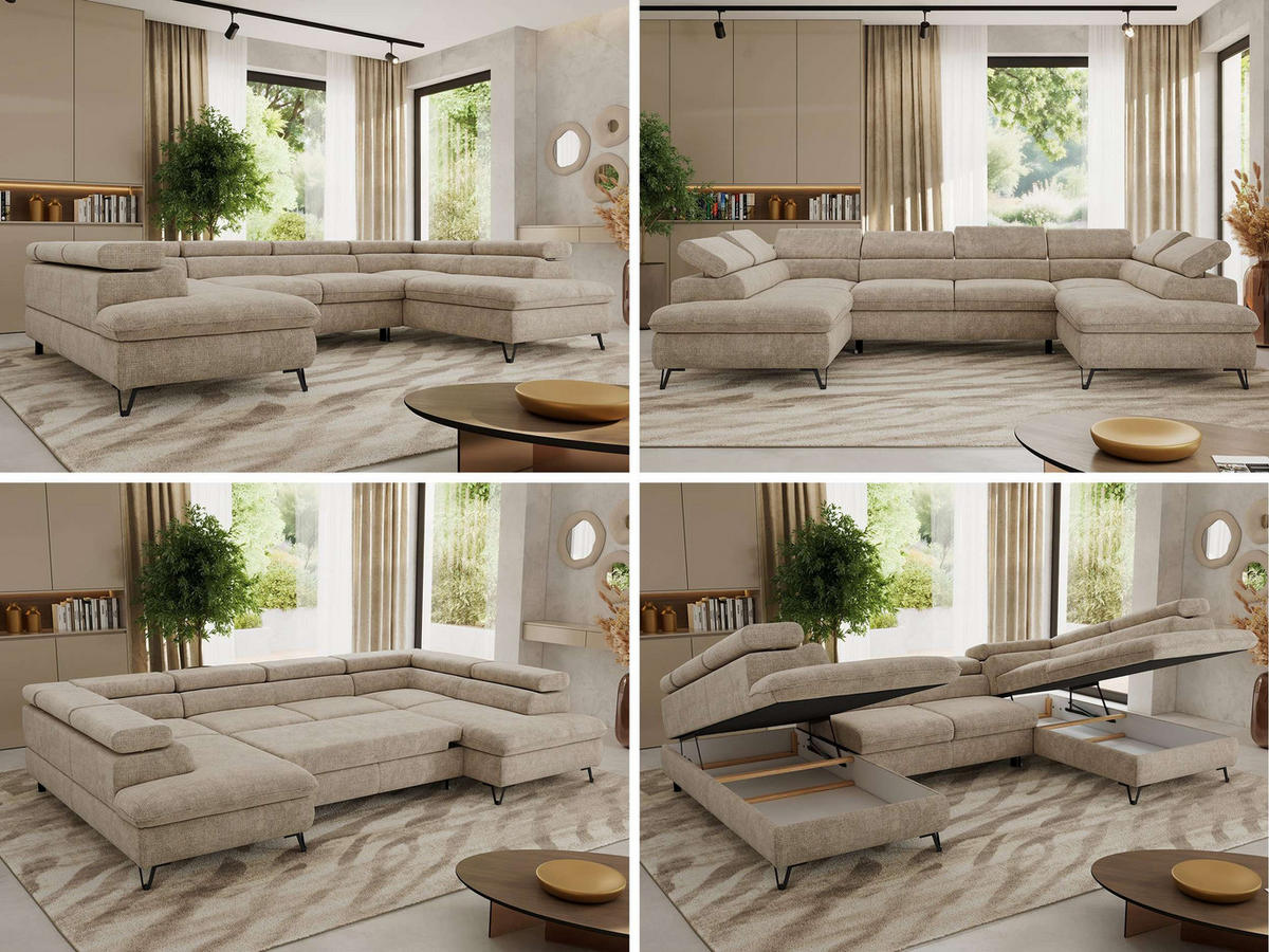 WOHNLANDSCHAFT PABLO U Schenille grob gewebt Beige mit Topper Visco - Beige/Schwarz, Textil/Metall (346/76/208cm) - MKS