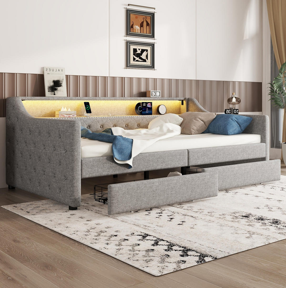 BETT 90/200 cm Grau mit 2 Schubladen, USB-Anschluss und LED-Beleuchtung - Grau, Textil (90/200cm) - Flora Grace