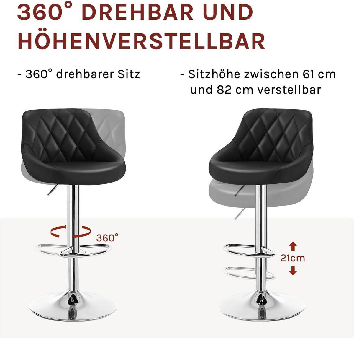 BARHOCKER, Kunstleder, Höhenverstellbar, 360° Drehbar - Schwarz, Metall (47/104/39cm) - Woltu