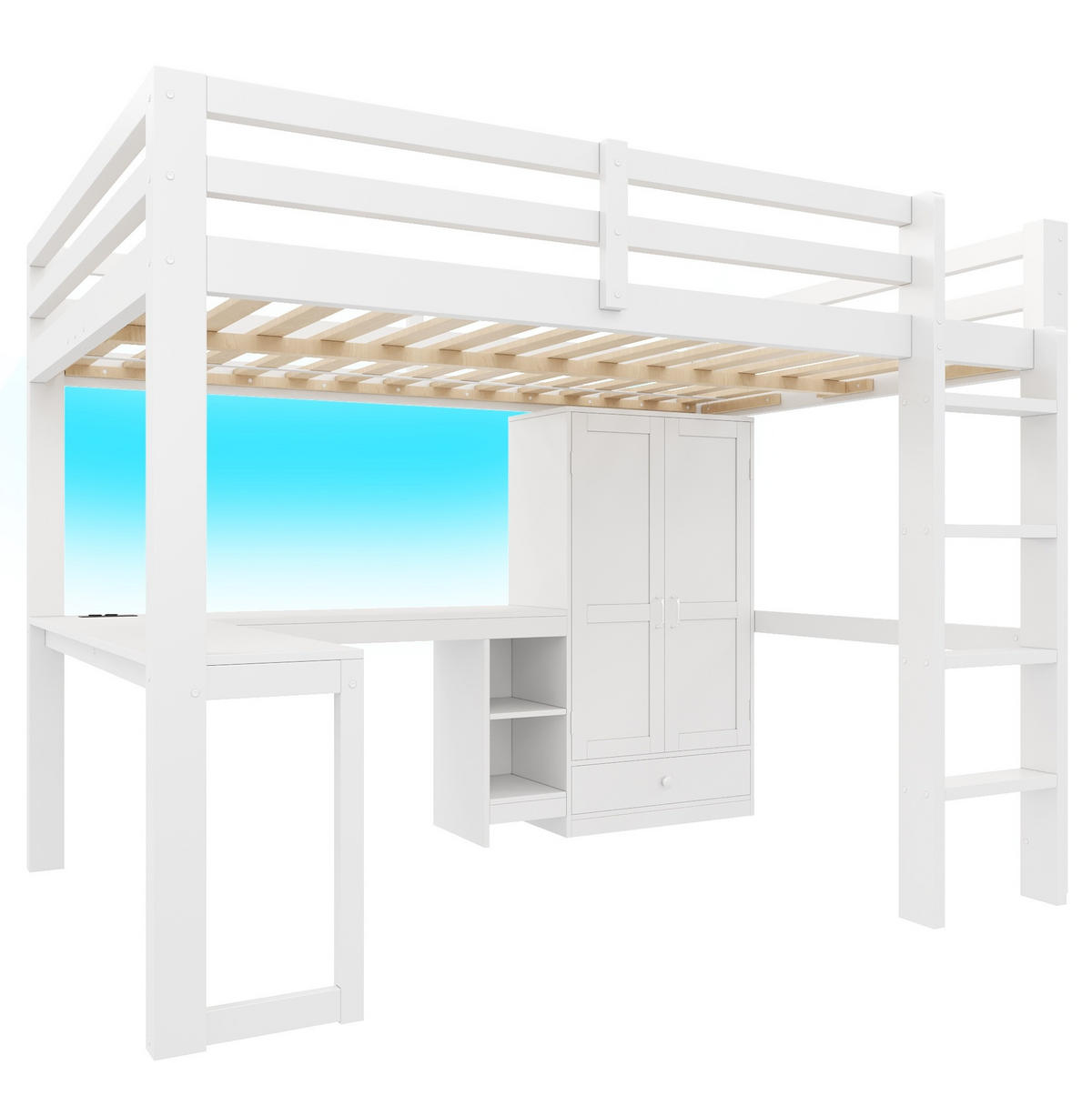 HOCHBETT aus Kiefernholz 140x200 cm Weiß mit Schreibtisch, Kleiderschrank, USB-Anschluss und LED-Beleuchtung - Weiß, Holzwerkstoff (140/200cm) - Modfu