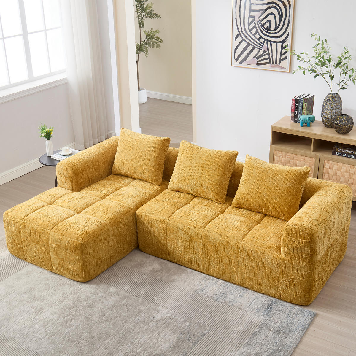 4-SITZER ECKSOFA Chenille Gelb mit Kissen und Seitentaschen - Gelb, Textil (250/158cm) - WISHDOR