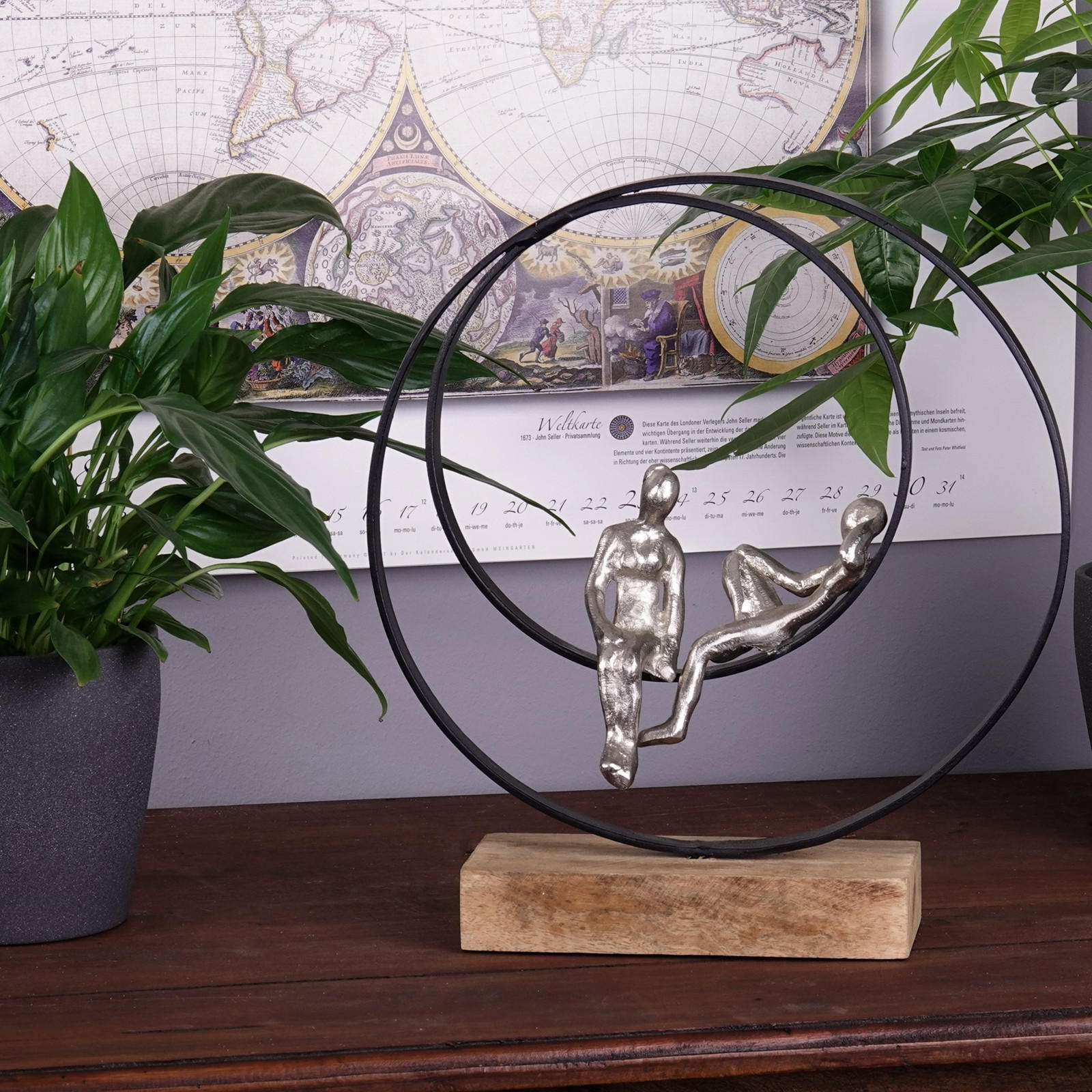 SKULPTUR Date Mangoholz, Metall silber-natur - Schwarz, Metall (31/34/9cm) - CREEDWOOD