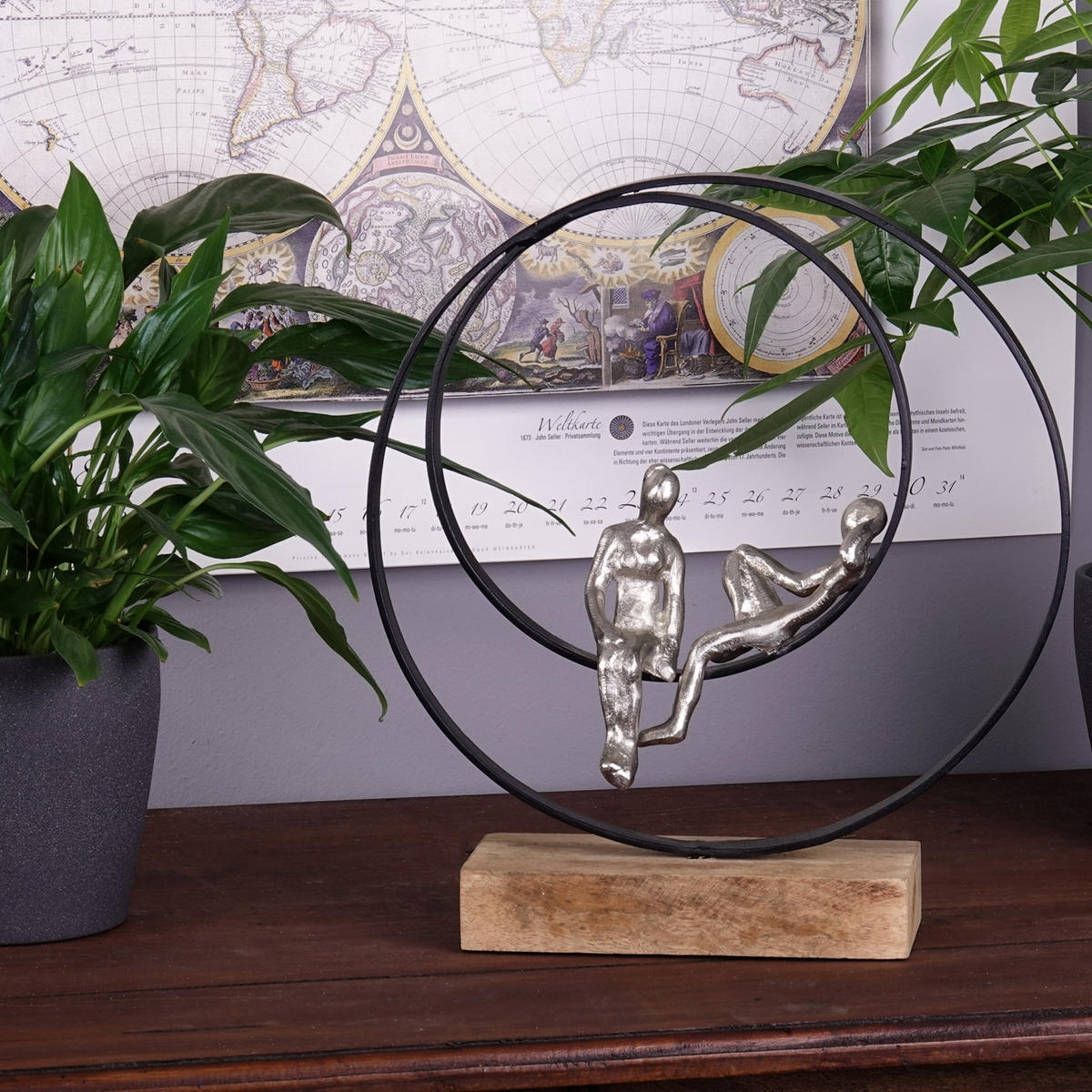 SKULPTUR Date Mangoholz, Metall silber-natur - Schwarz, Metall (31/34/9cm) - CREEDWOOD