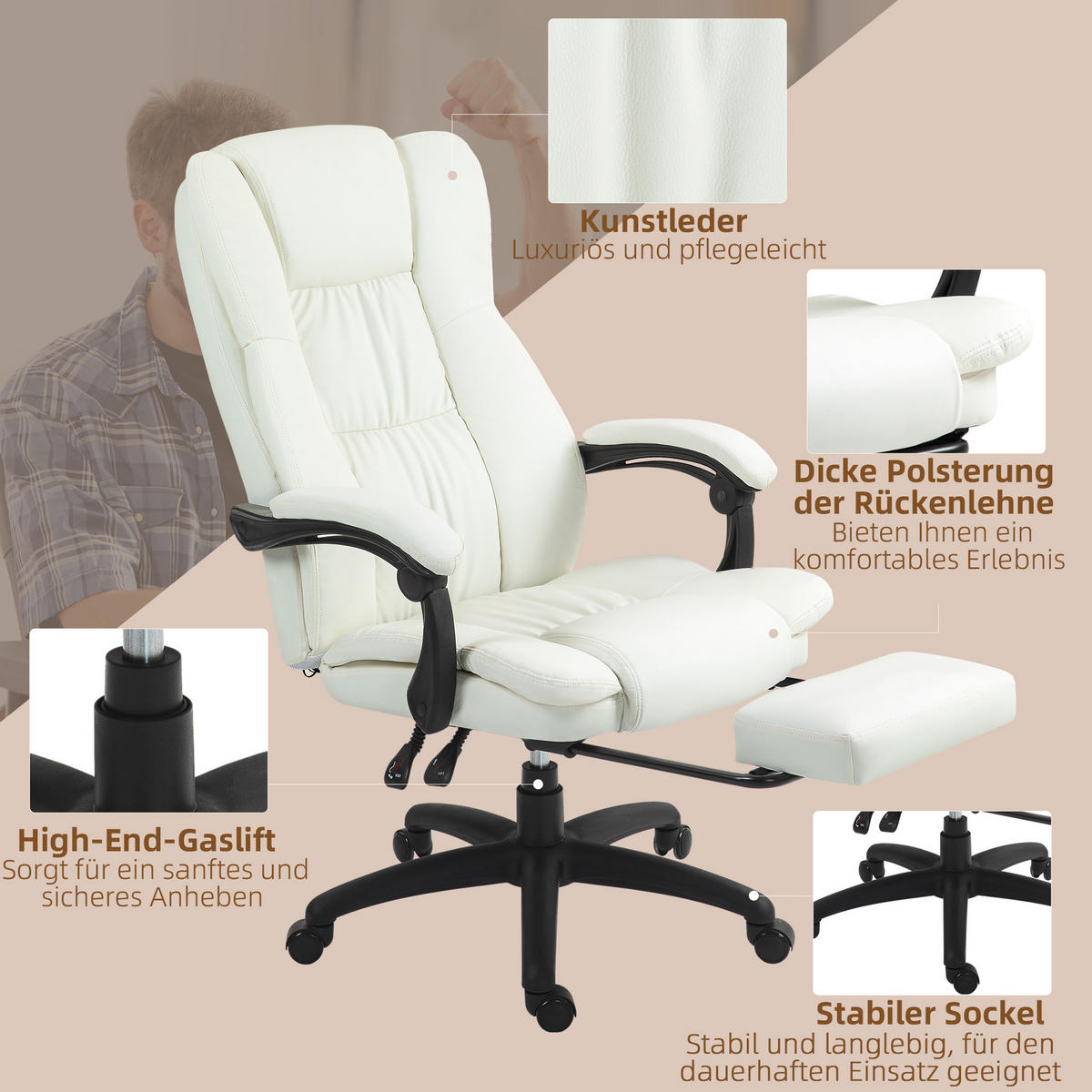 VERSTELLBARER Drehstuhl mit Fußstütze, Kopfstütze, Massagefunktion, Cremeweiß - Creme/Schwarz, Kunststoff (68.5/121/68.5cm) - Vinsetto