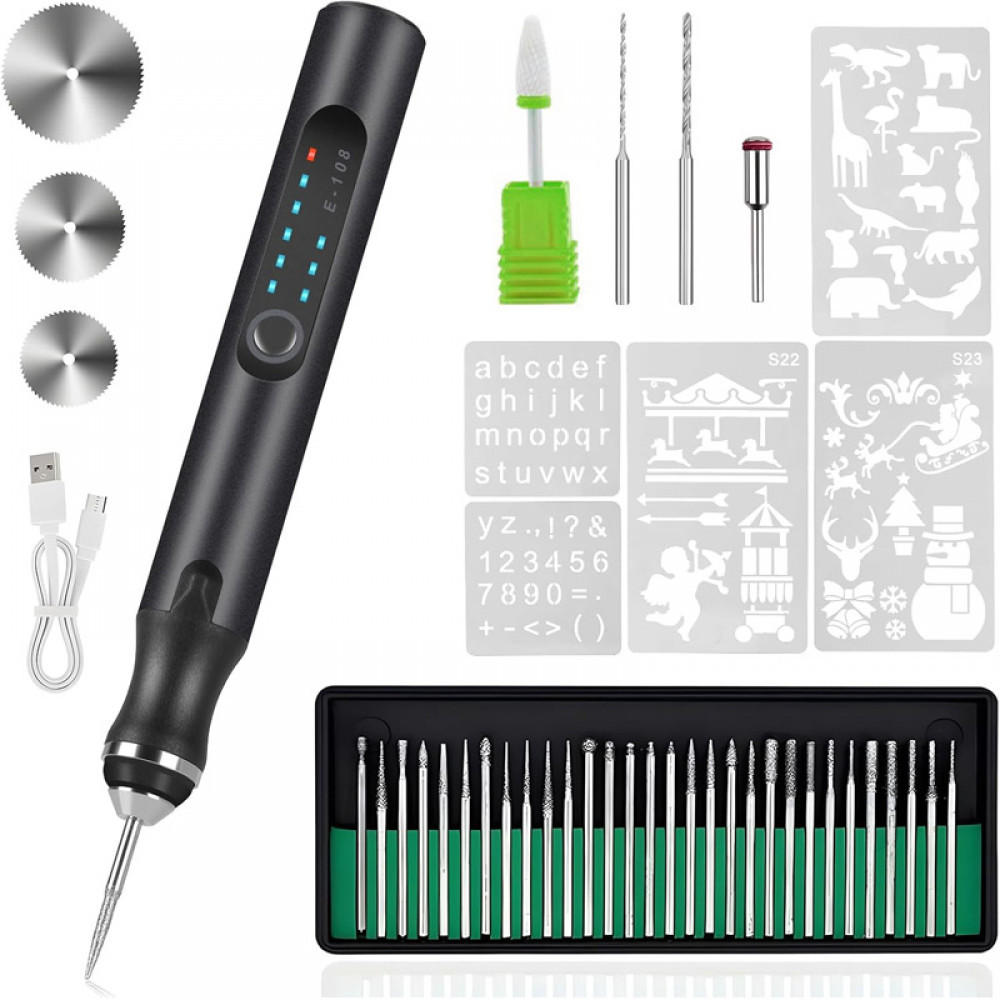 GRAVIERSTIFT – USB-wiederaufladbares Gravierwerkzeug-Set – Enthält 37 Spitzen und 5 Schablonen (schwarz) - Schwarz, Metall (21/14/4cm)