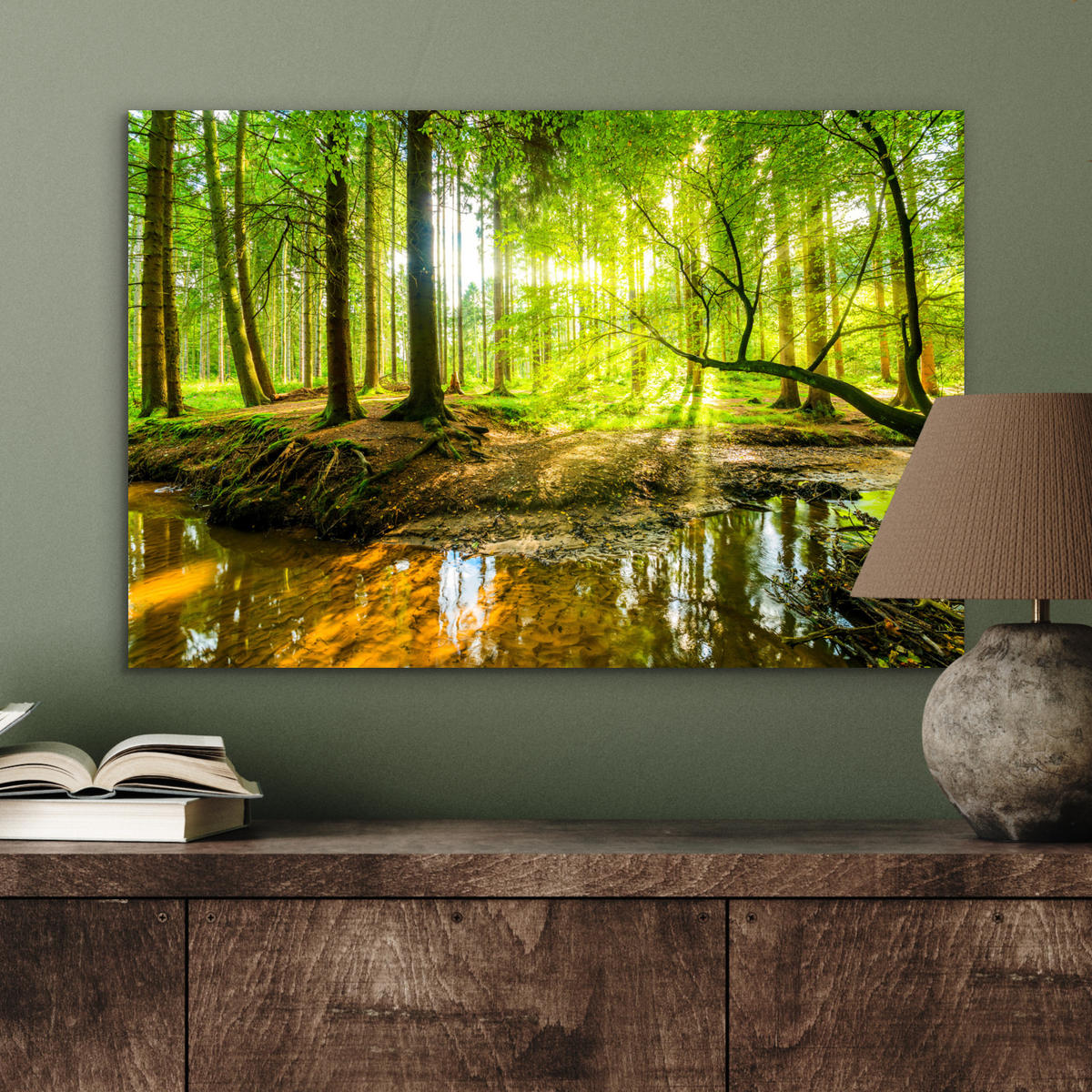 METALLBILD Wald - Landschaft - Wasser - Bäume - Sonne - Grün - Natur 60x40 cm - Grün, Metall (60/40cm) - MuchoWow