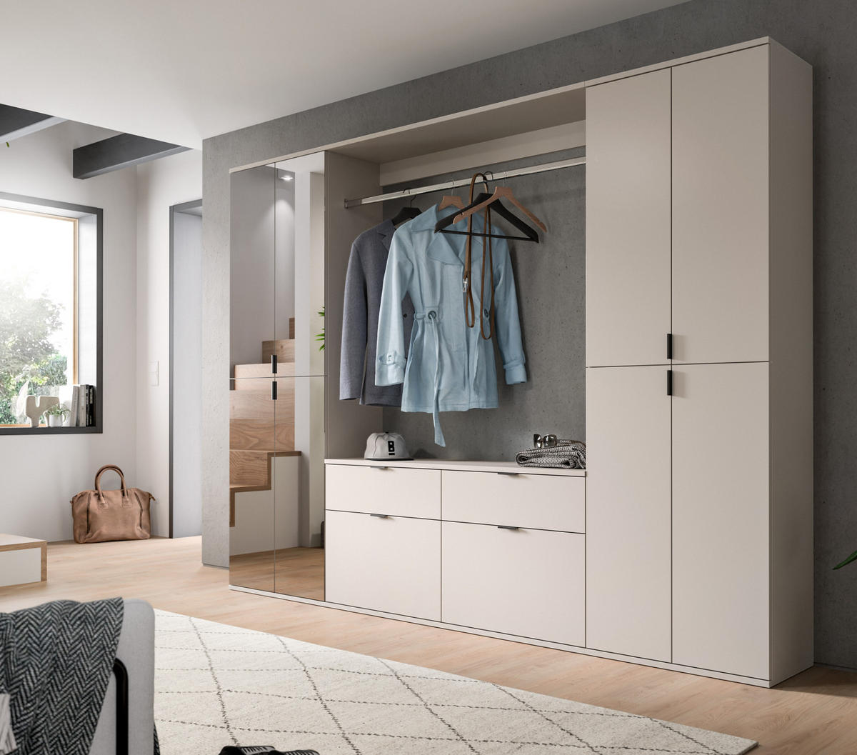 GARDEROBEN-SET Kaschmir 243 x 193 cm, Schuhschrank mit Spiegel - Kaschmir/Schwarz, Glas/Holzwerkstoff (243/193/34cm) - Inn.Furn