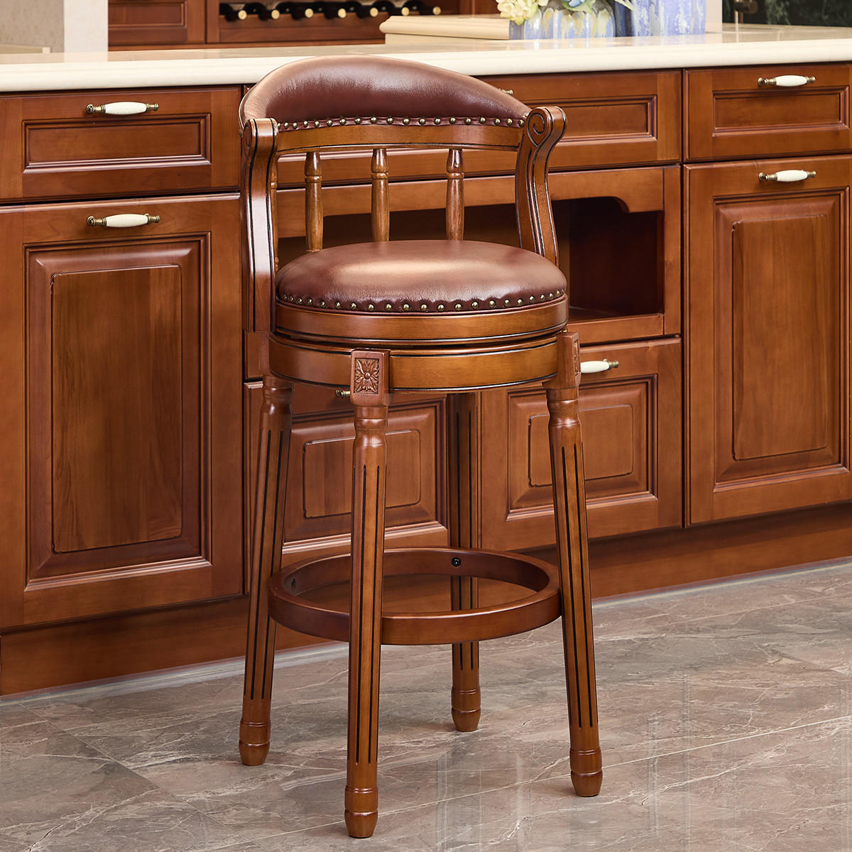 BARHOCKER Braun 1er-Set 360° drehbar mit Echtleder und Rückenlehne - Braun, Holz (54.8/96/54.8cm) - PANGIVO