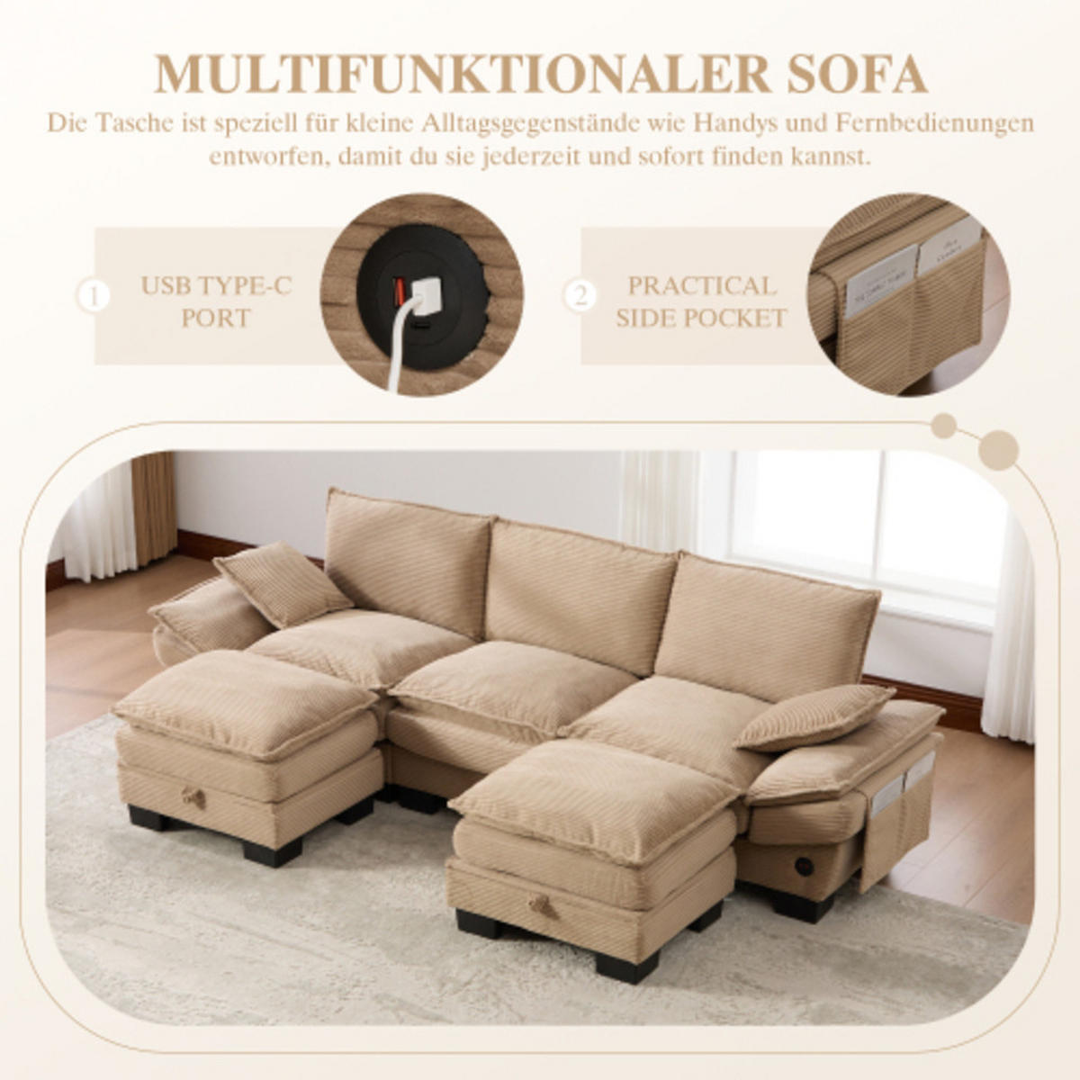 3-SITZER Sofa aus Corduroy 260x132x84 cm mit 2 Hockern & USB-C, beige - Beige, Textil (132/84/260cm) - Luhomfu