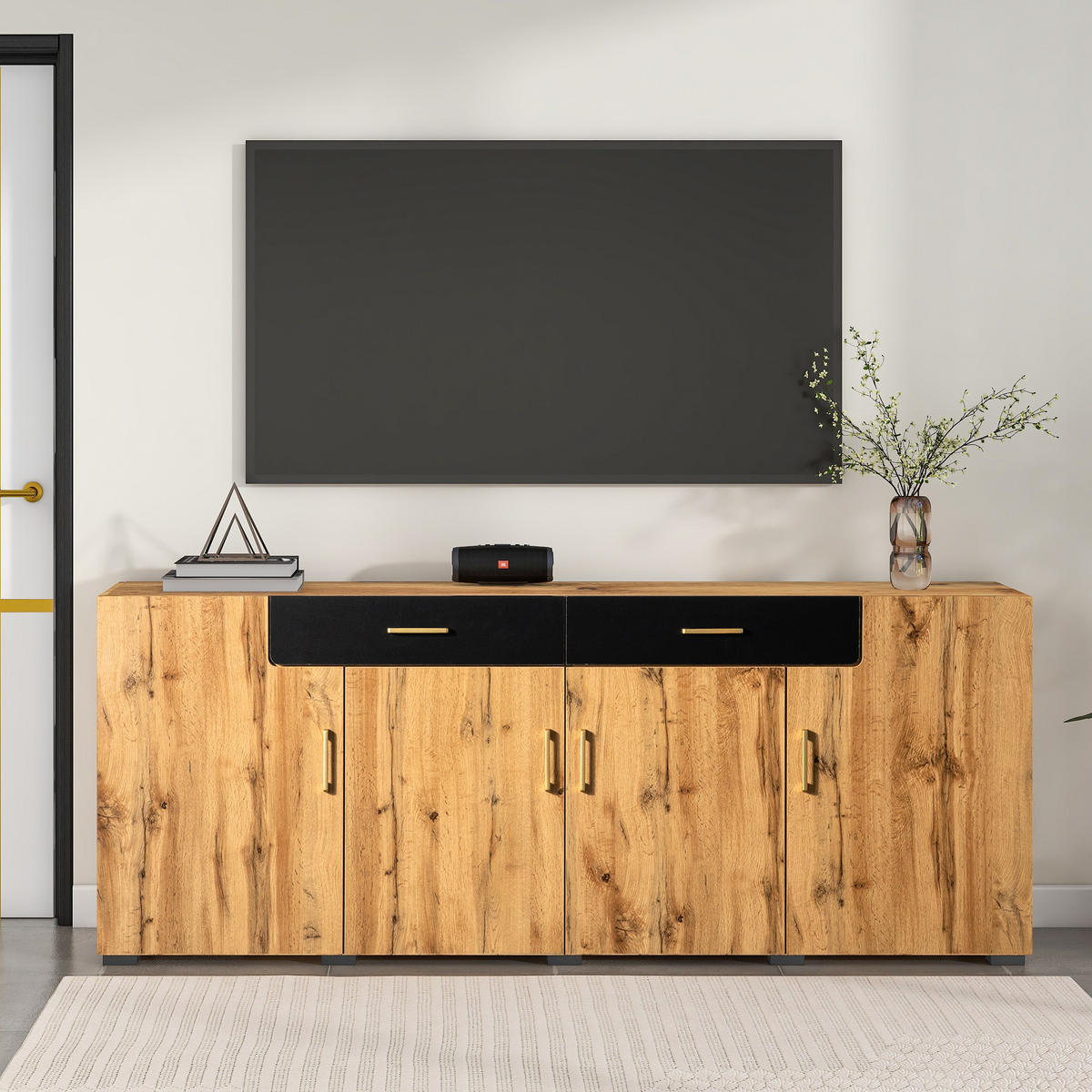 SIDEBOARD mit 2 Schubladen & 4 Fächern, MDF Holzoptik, stabile Holzfüße, rustikales Design - Schwarz/Braun, Holz/Holzwerkstoff (208/80/39.5cm) - EVRYAE
