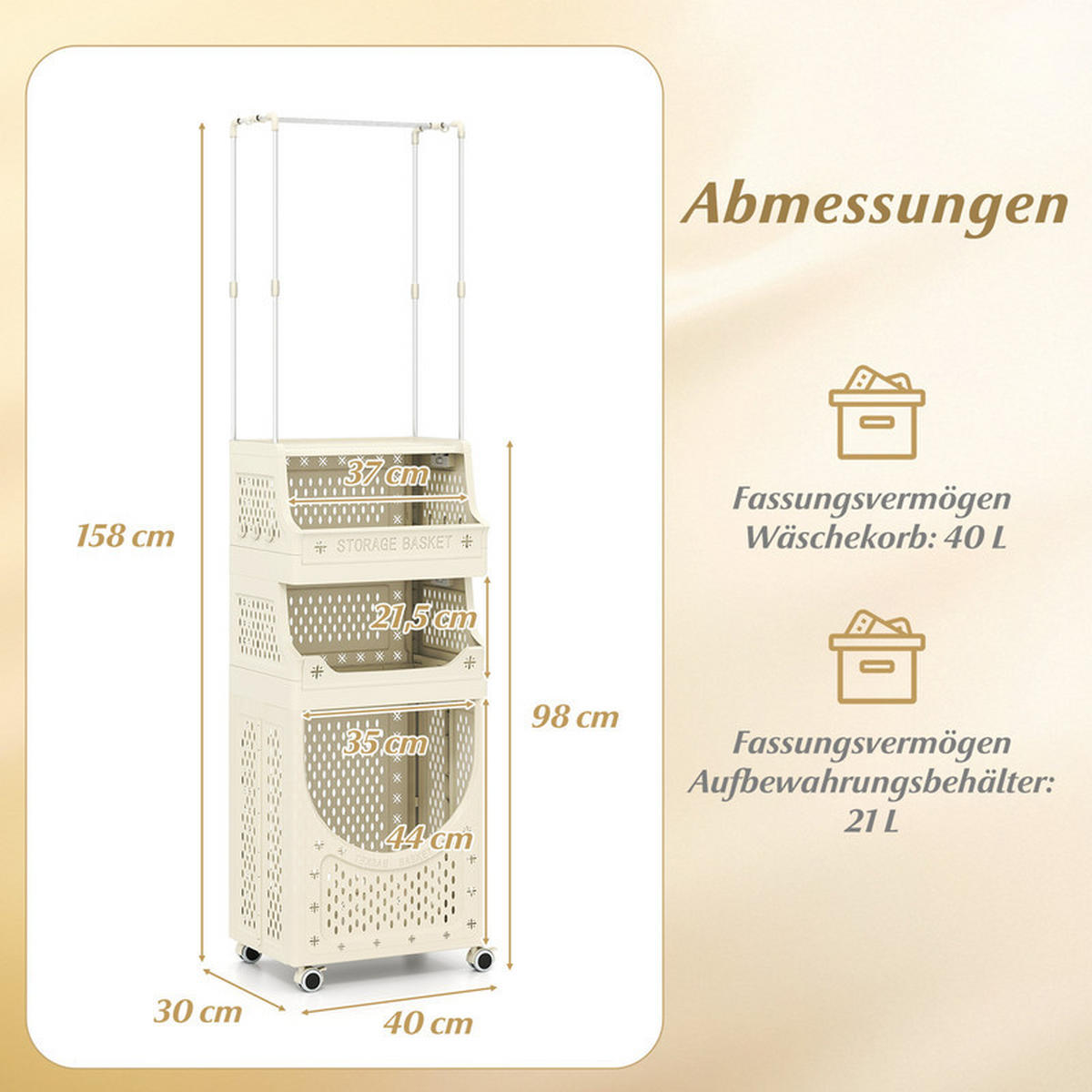 WÄSCHEKORBWAGEN mit Kleiderstange beige - Beige, Kunststoff (40/158/30cm) - COSTWAY