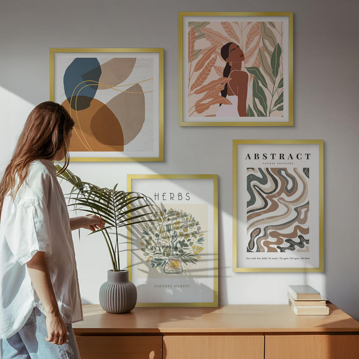 BILDER SET 4er Set - 50x50 cm & 40x60 cm Goldrahmen - Boho-Ästhetik, Pastellposter - Goldfarben, Kunststoff (50/50cm) - TULUP