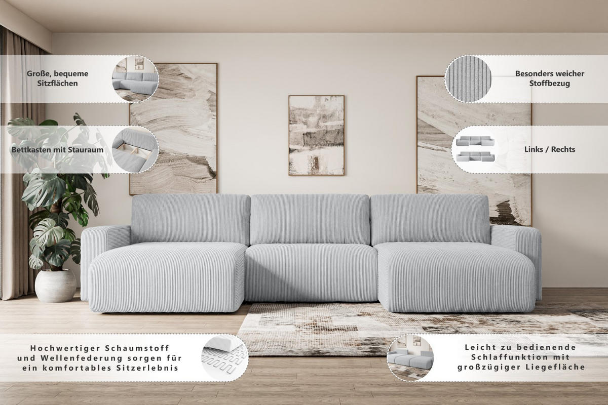 WOHNLANDSCHAFT mit Schlaffunktion und Bettkasten KLEEA-U - 347x143x83 cm Senfgelb Cord - Gelb/Schwarz, Holzwerkstoff/Kunststoff (347/83/143cm) - ALTDECOR