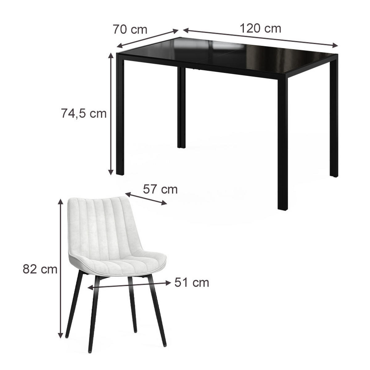 JÍDELNÍ STŮL SESTAVA Grand, Černá, 120 x 70 cm se 4 židlemi (béžové) - černá, sklo (120/74.5/70cm) - Vicco