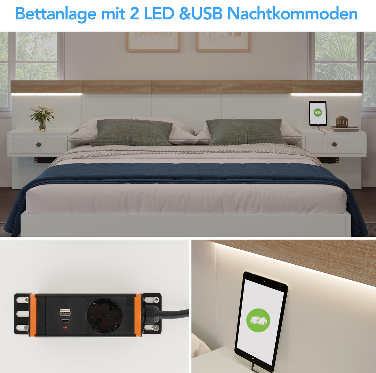 DOPPELBETT 180/200 cm mit 2 LED-Nachtkommoden, USB/Typ-C und EU-Steckdose, bett in Schwebeoptik, Weiß/Sonoma-Eiche - Weiß, Holzwerkstoff (180/200cm) - Redom