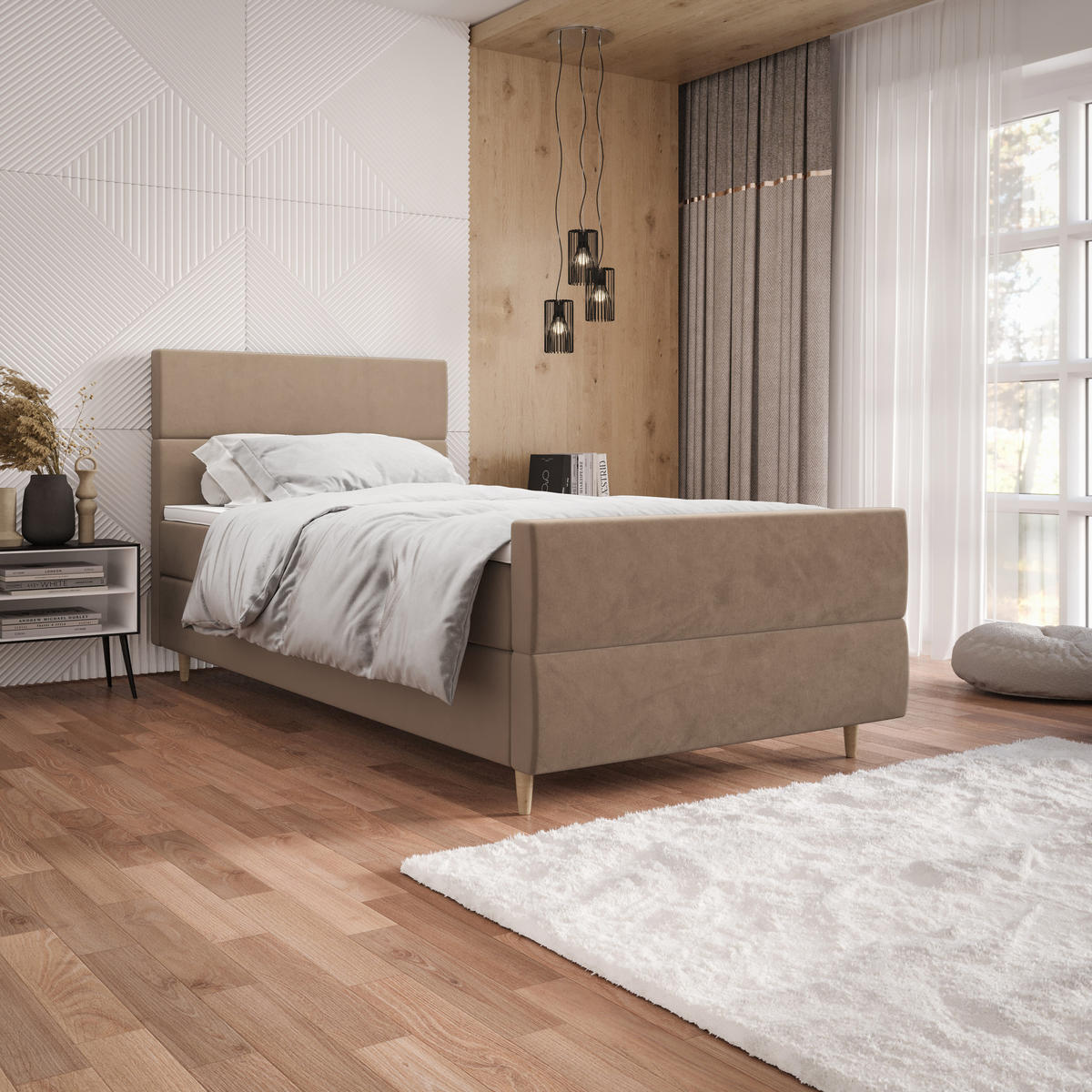 BOXBETT FLO PLUS 100x200 Itaka 48, mit Matratze H3, Bonell und Topper, Camel - Cappuccino, Holz/Textil (100/200cm) - Bedante