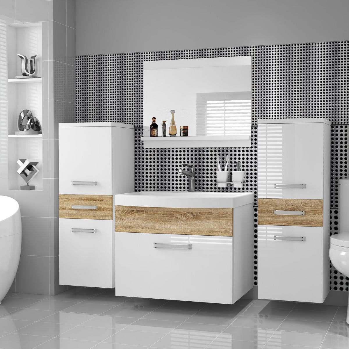 BADMÖBEL Badezimmer SET PRI PM4, Weiß/Sonoma Eiche Hochglanz, 120 cm - Weiß/Sonoma Eiche, Holz (38.7/113.5/120cm) - B BELINI GROUP