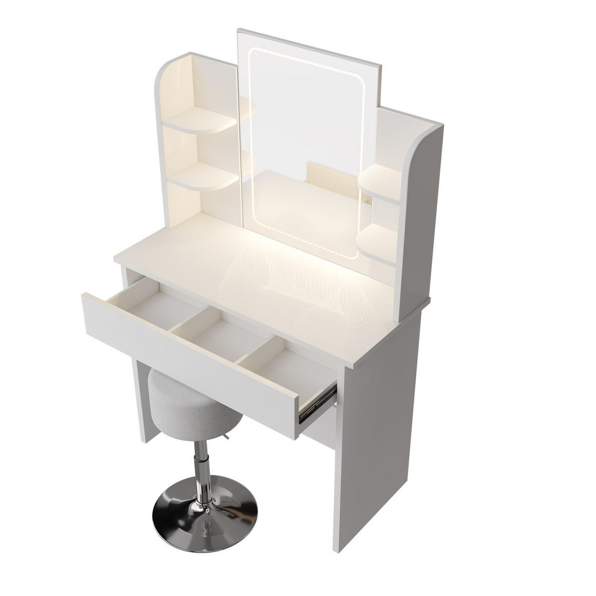 SCHMINKTISCH Zoey LED-Spiegel & Hocker Tonia - Weiß, Holz (40/140/90cm) - Juskys