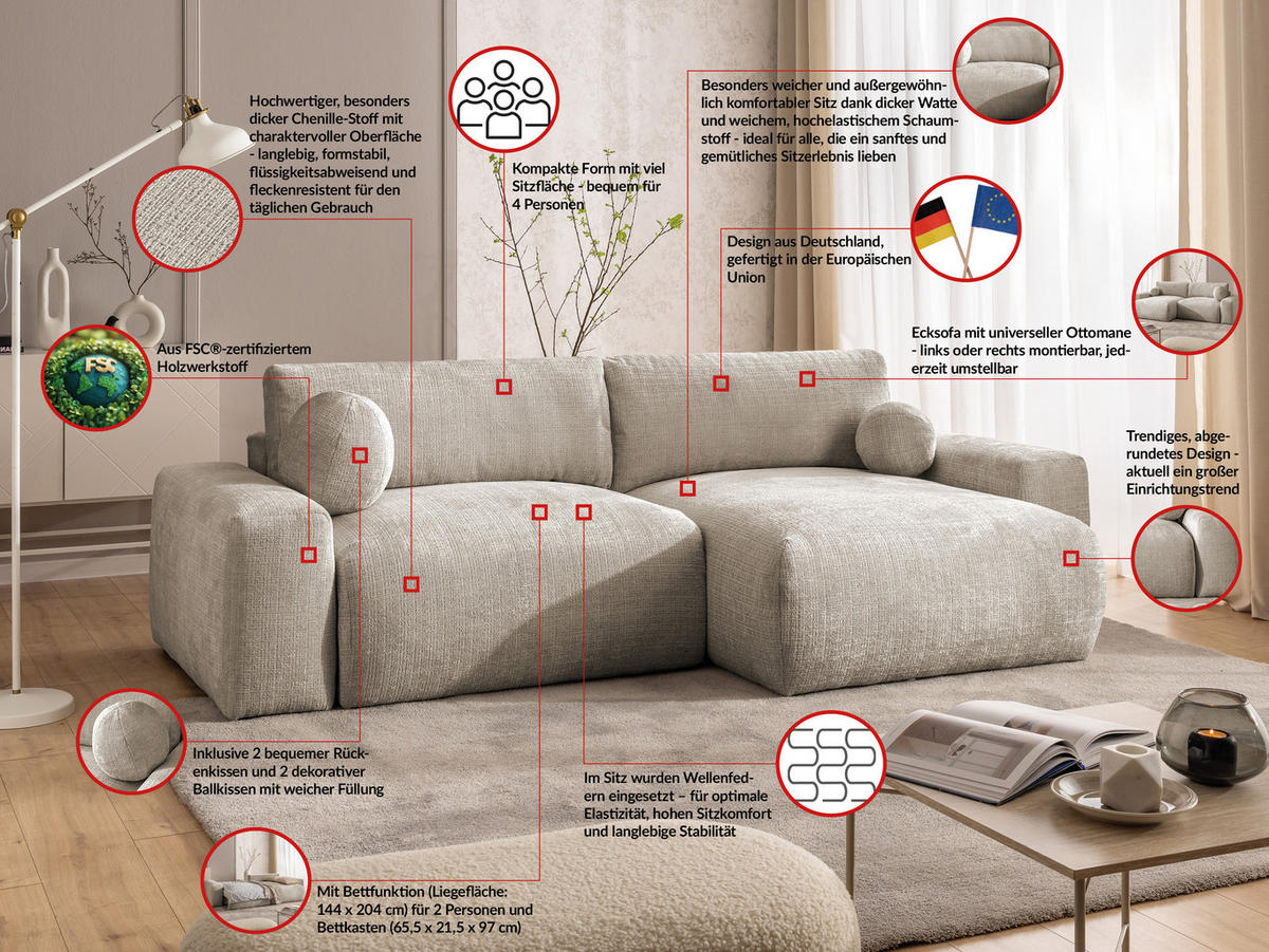 ECKSOFA Puffy mit Schlaffunktion und Bettkasten - besonders weich und puffig aus Dunkelbeige Chenille-Stoff - Ottomane rechts - Beige/Schwarz, Holz/Kunststoff (266/138cm) - S-Style Möbel