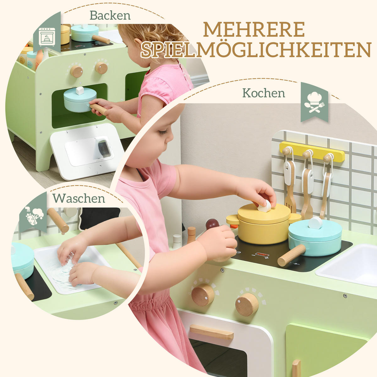 KINDER-SPIELKÜCHE mit Mikrowelle Spüle und Zubehör Grün - Grün, Holzwerkstoff (60/31.6/58cm) - AIYAPLAY