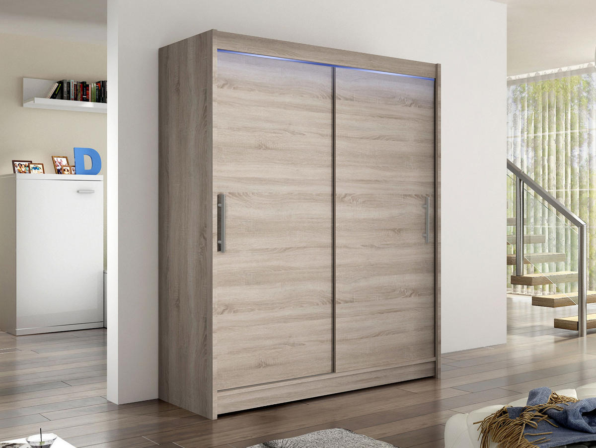 SCHWEBETÜRENSCHRANK Westa I, mit RGB LED Beleuchtung - Silberfarben/Trüffeleichefarben, Holzwerkstoff/Metall (150/200/58cm) - MIRJAN24