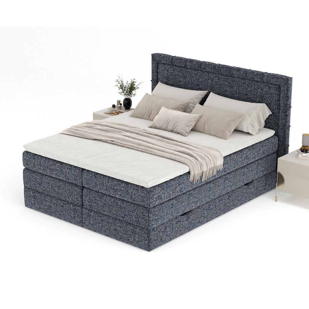 Thumbnail - Maison de Reve Boxspringbett, Dunkelblau, Textil, Buche, Kiefer, H3, Höhe ca. 37 cm, 160x200 cm, Reach, FSC 100%, Made i...