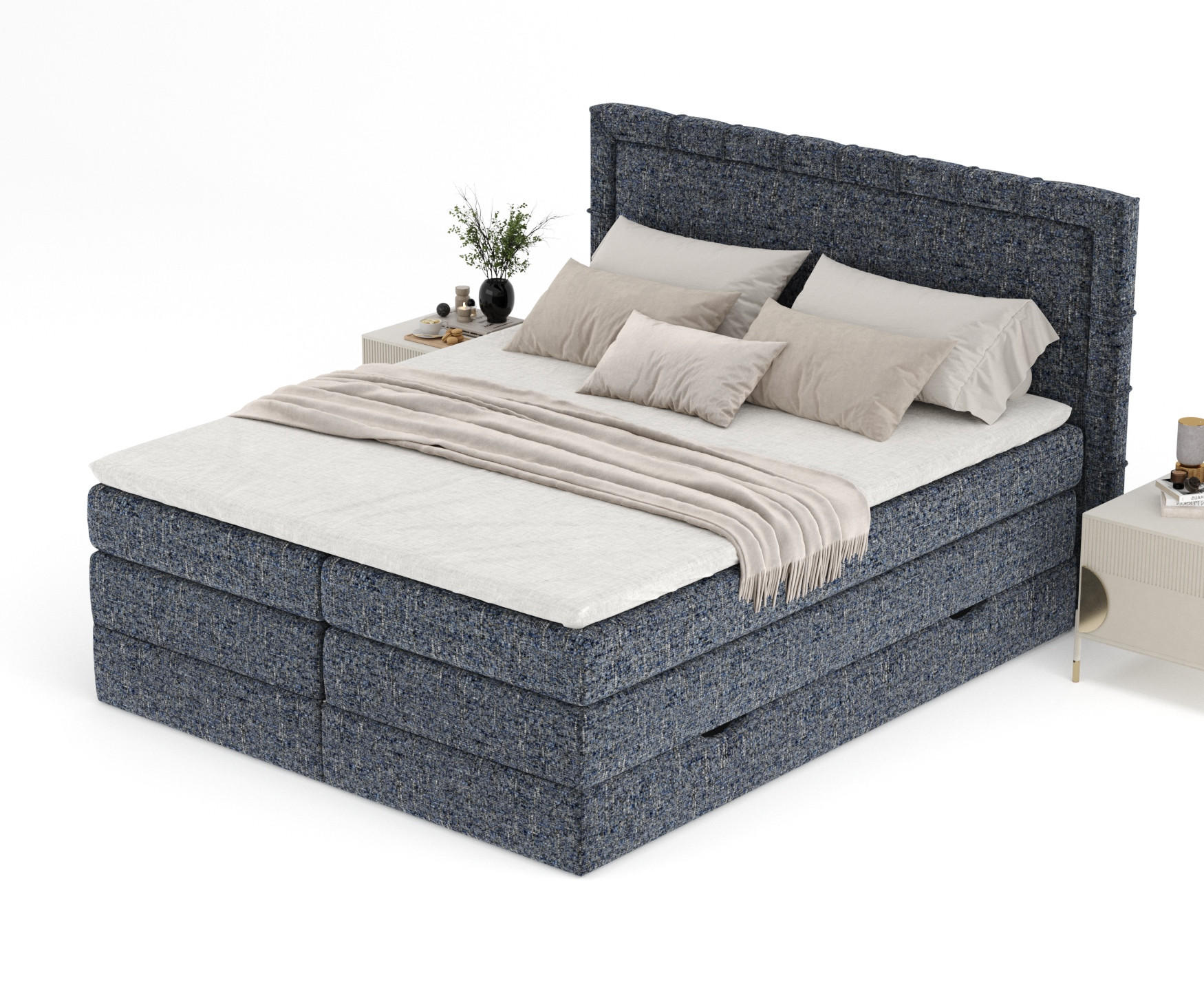 Thumbnail - Maison de Reve Boxspringbett, Dunkelblau, Textil, Buche, Kiefer, H3, Höhe ca. 37 cm, 200x200 cm, Reach, FSC 100%, Made i...