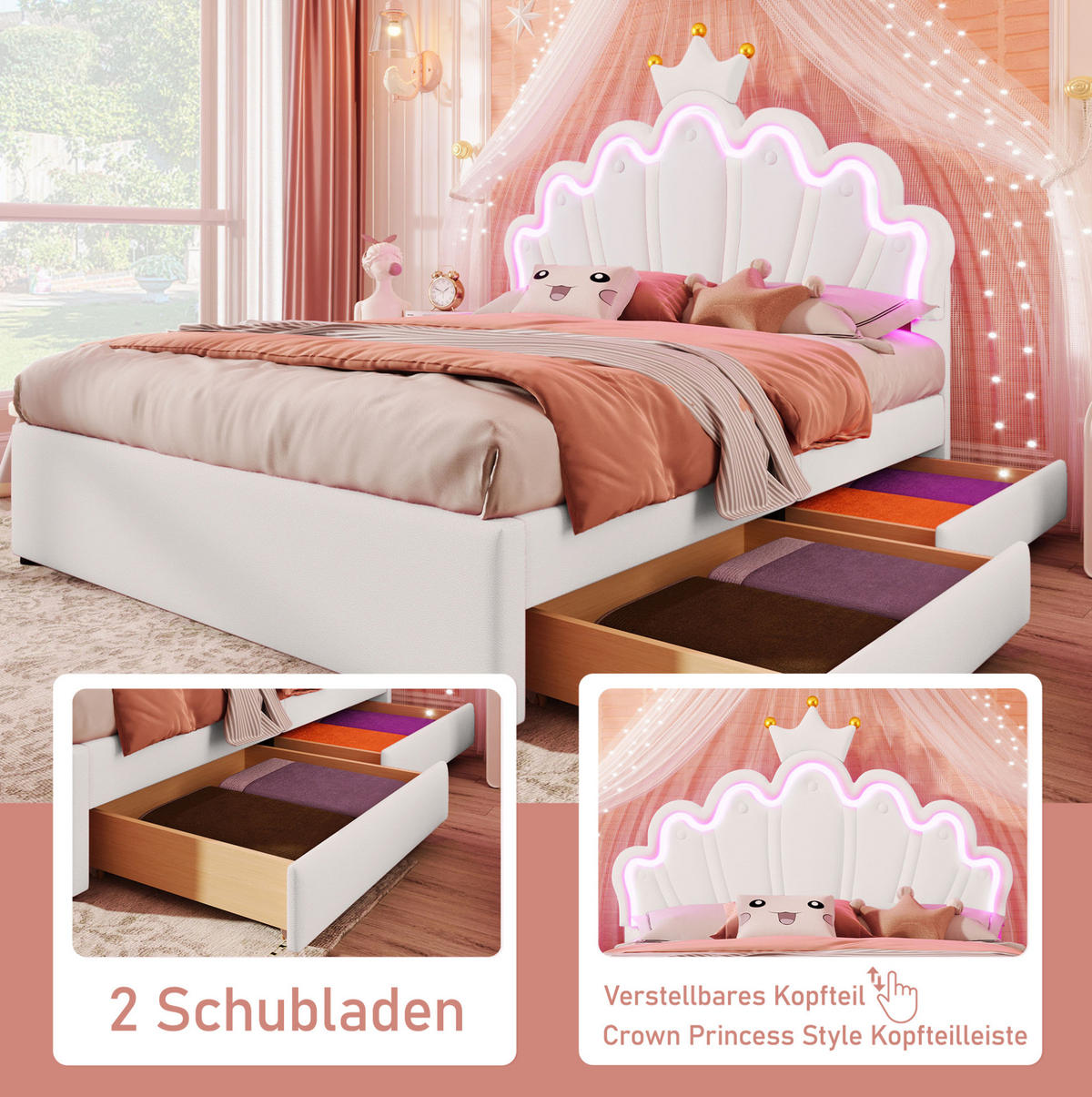KINDERBETT 140/200 cm in Weiß mit LED-Licht, 2 Schubladen und verstellbarem Kopfteil - Weiß, Leder (140/200cm) - BEAOK