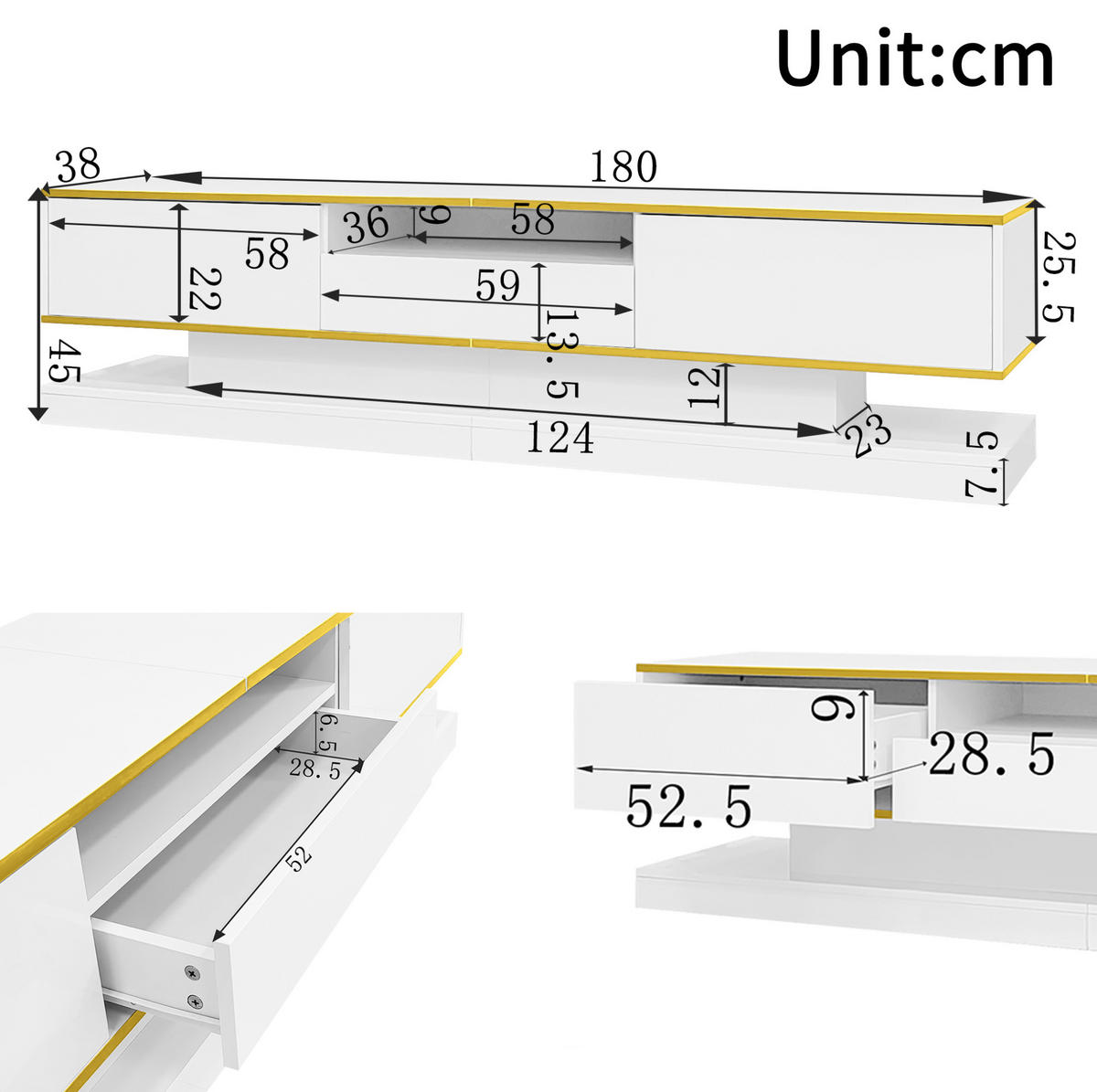 LOWBOARD 180/38/45 cm in Weiß mit Gold aus Holzwerkstoff mit LED-Beleuchtung - Weiß, Holzwerkstoff (38/45/180cm) - OKMYHOME