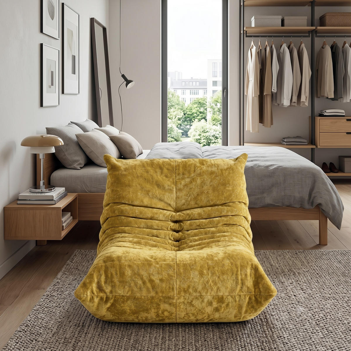 PAT SINGLE industrial cu tăblie de depozitare în nuc și aspect lemn negru - galben, material textil (90/80/100cm) - Urban Meuble