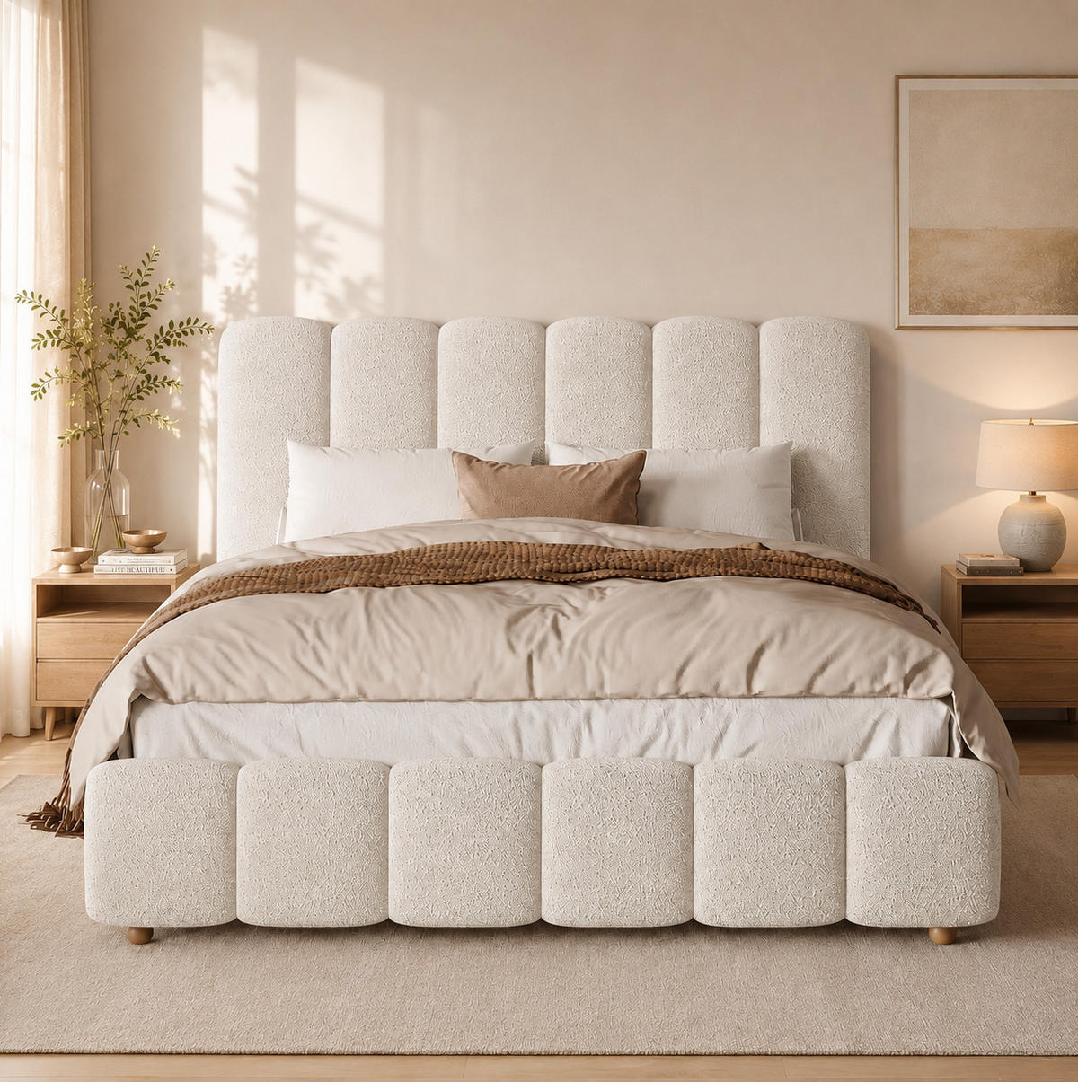 POLSTERBETT aus Bouclé 140x190 cm Weiß mit hydraulischem Bettkasten und Lattenrost - Weiß, Textil (140/190cm) - Modfu