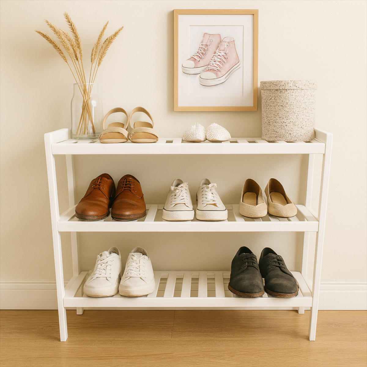 SCHUHREGAL Bambus Weiß 3 Ebenen 70/26/55 cm - Weiß, Holz (70/55/26cm) - Begryf