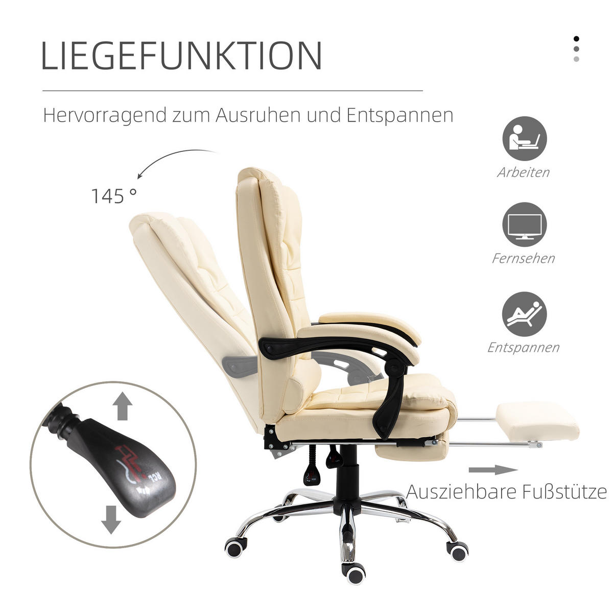 CHEFSESSEL 64,5/109-117/69 cm Cremeweiß aus Kunstleder mit Fußstütze - Creme, Kunststoff (69/117/64.5cm) - OKMYHOME
