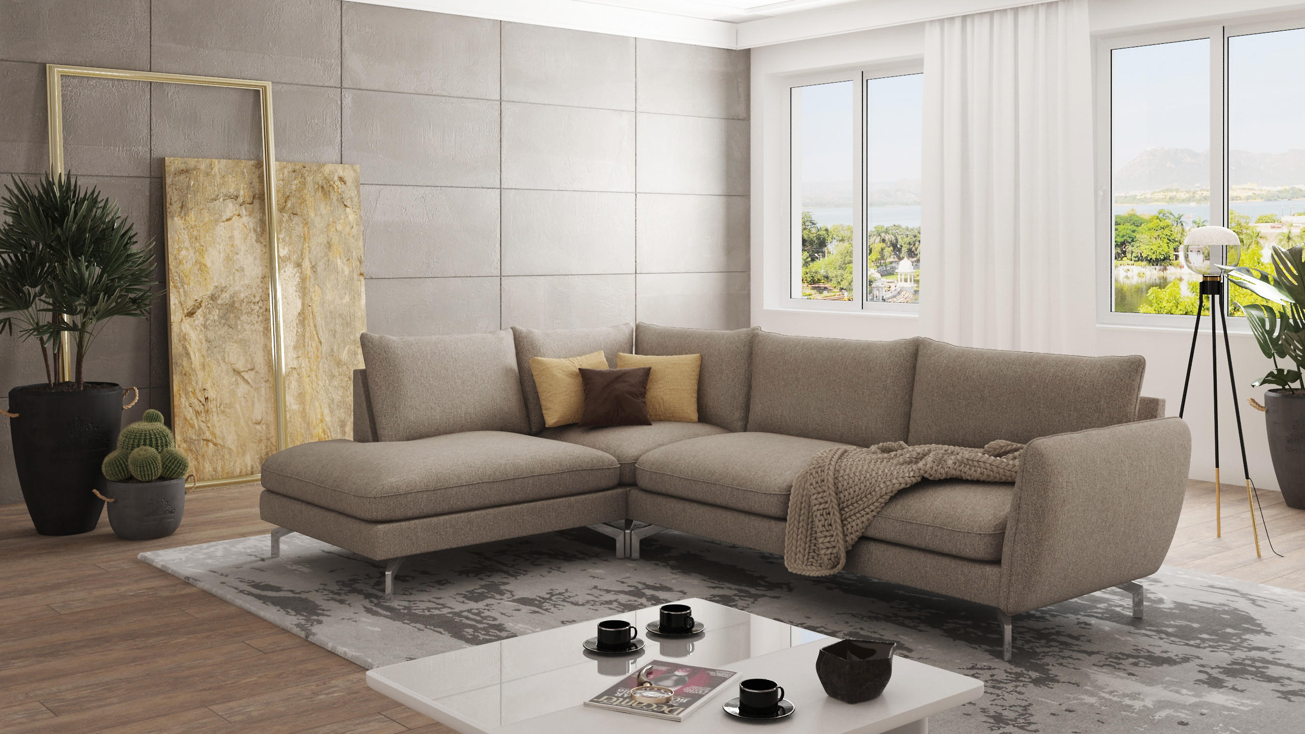 ECKSOFA Elou Dunkelbeige Microfaser - Chromfarben/Beige, Holz/Textil (277/200cm) - S-Style Möbel