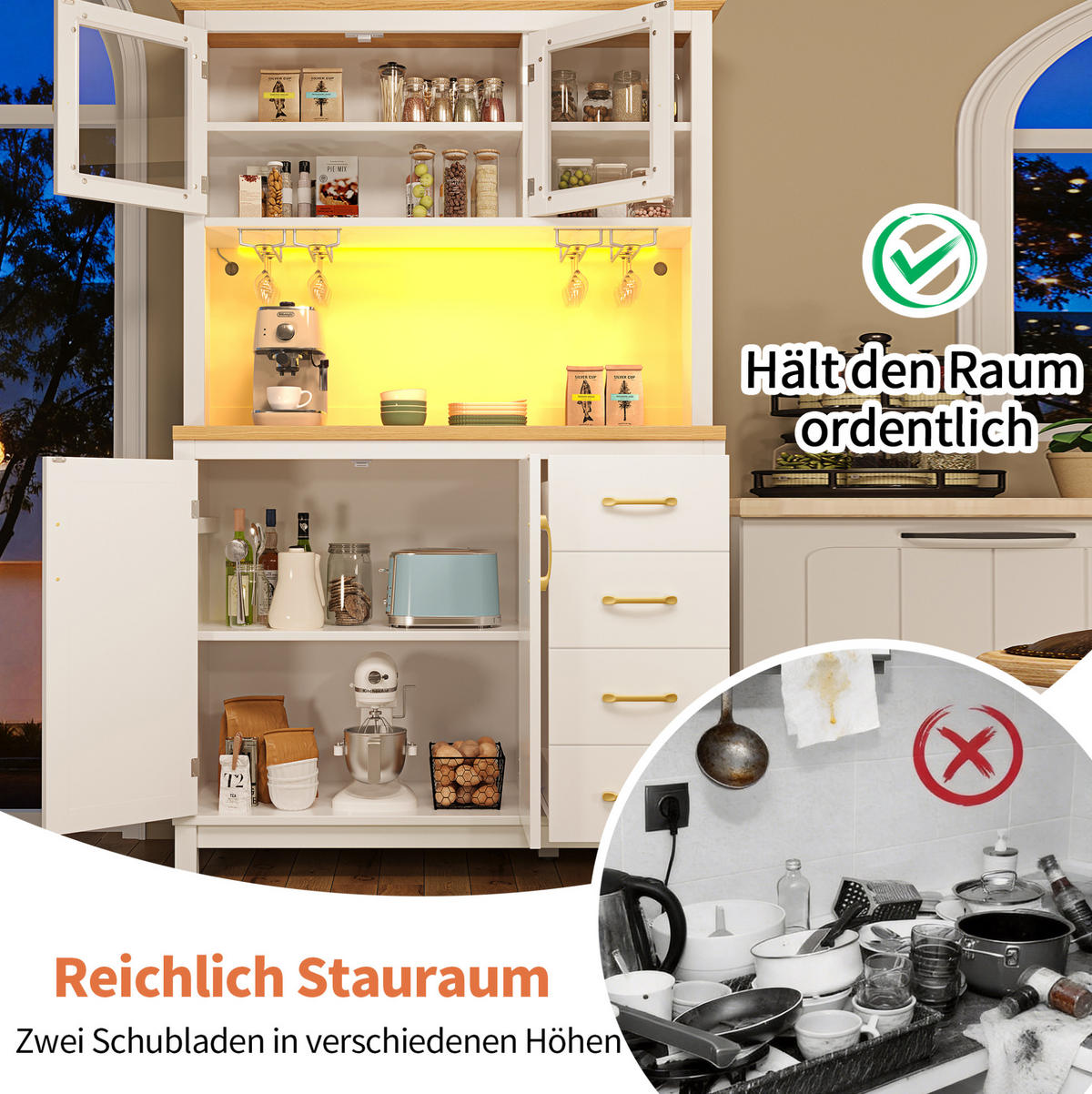 BUFFET ormarić od MDF-a, 105,5/40/180 cm bijeli, s LED rasvjetom i velikim spremišnim prostorom - bijela, drvni materijal (105.5/180/40cm) - BEAOK