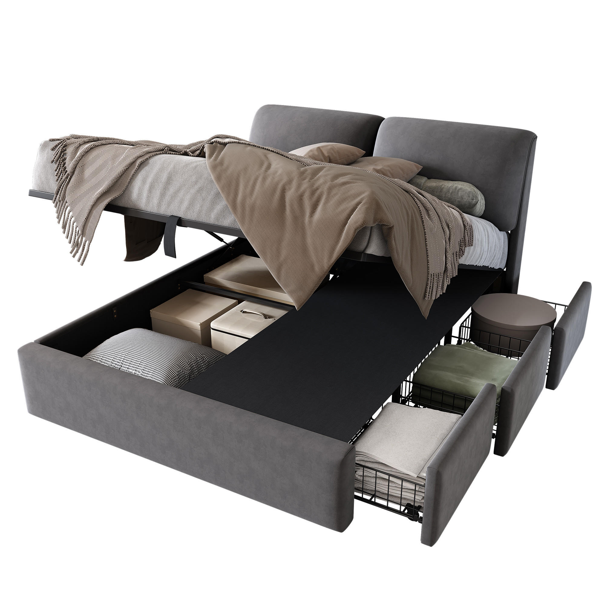 POLSTERBETT 140/190 cm Grau mit hydraulischem Bettkasten und drei Schubladen - Grau, Textil (140/190cm) - OKWISH