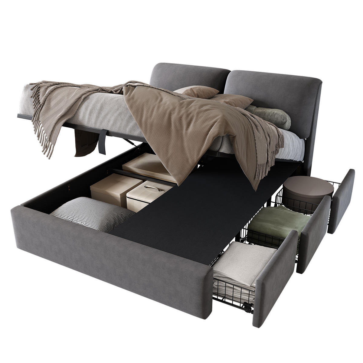 POLSTERBETT 140/190 cm Grau mit hydraulischem Bettkasten und drei Schubladen - Grau, Textil (140/190cm) - OKWISH