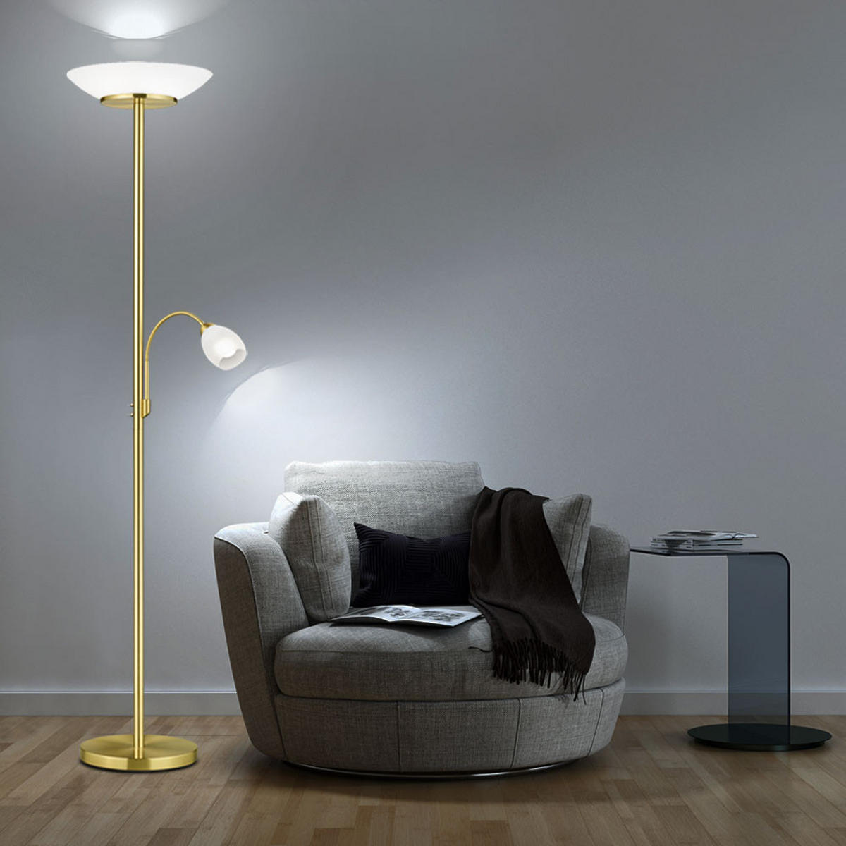 LED STEHLEUCHTE GERRY Messing Weiß - Messingfarben, Glas (34/34/180cm)