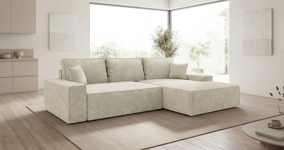 ECKSOFA VERONA rechts weiß Cord Poso 100 - Schlaffunktion, Bettkasten - Weiß, Textil (280/184cm) - Cornero