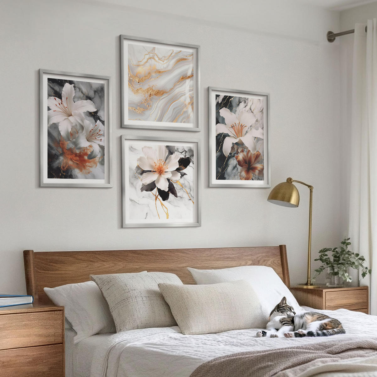 WANDBILDER 4er Set - 50x50 cm & 40x60 cm Silberner Rahmen - Blumen Marmor weiß schwarz - Silberfarben, Kunststoff (50/50cm) - ArtPrintCave
