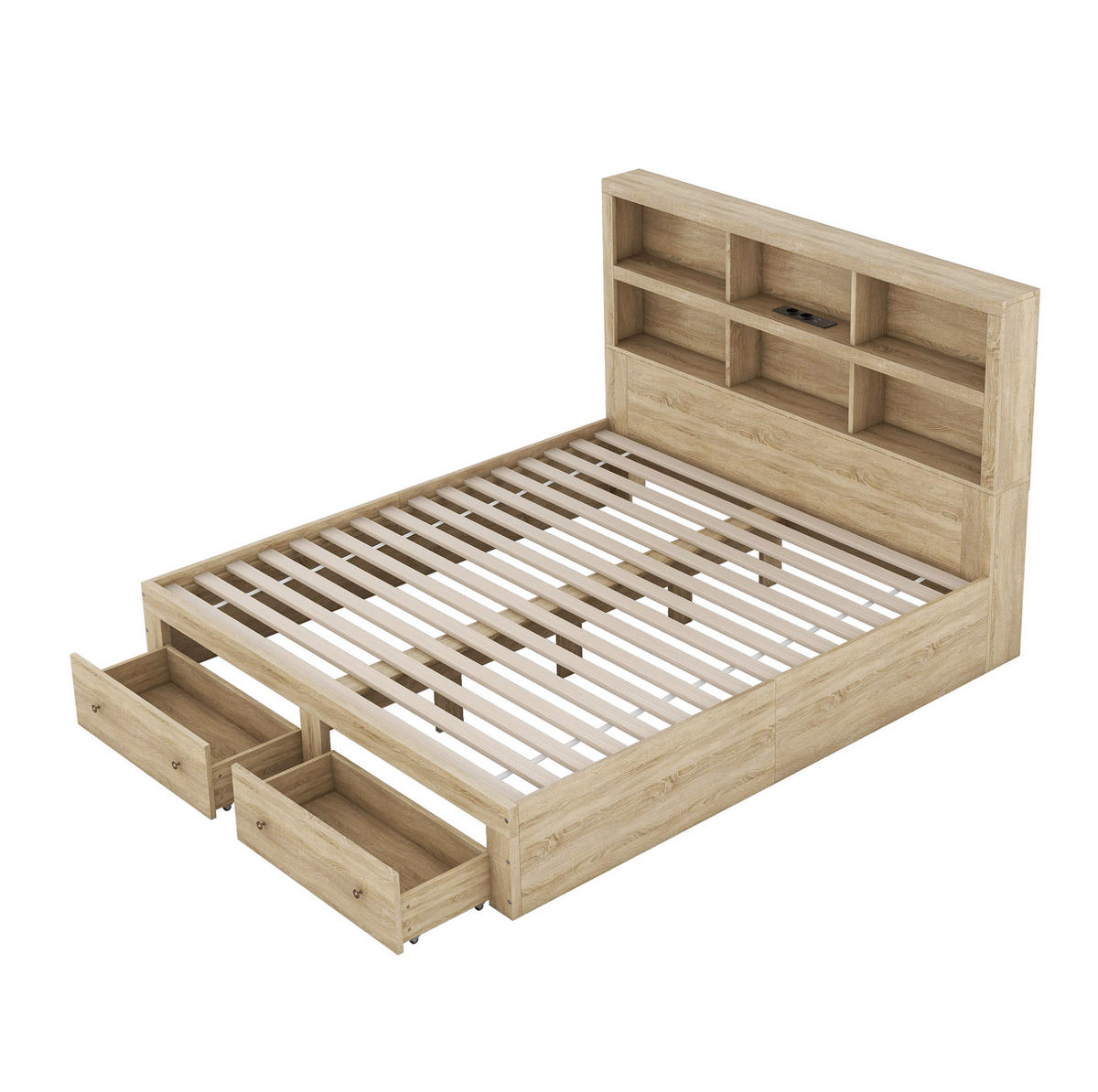 DOPPELBETT 160/200 cm Natur Kingsize-Plattformbett mit Stauraum und USB-Ladeanschluss - Naturfarben, Holzwerkstoff (160/200cm) - OKWISH